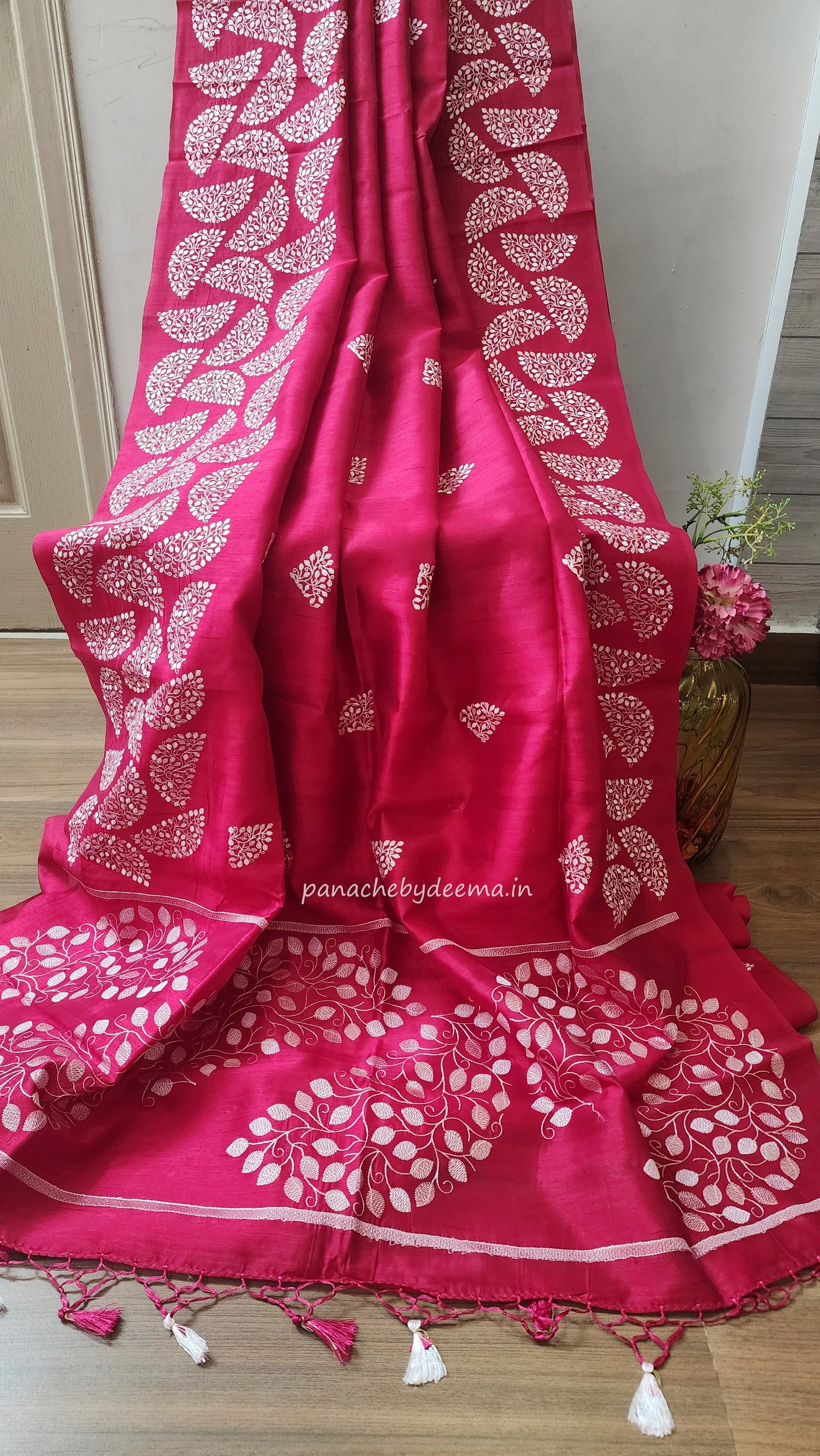 Matka silk designer saree with embroidery | Dark pink | SC2