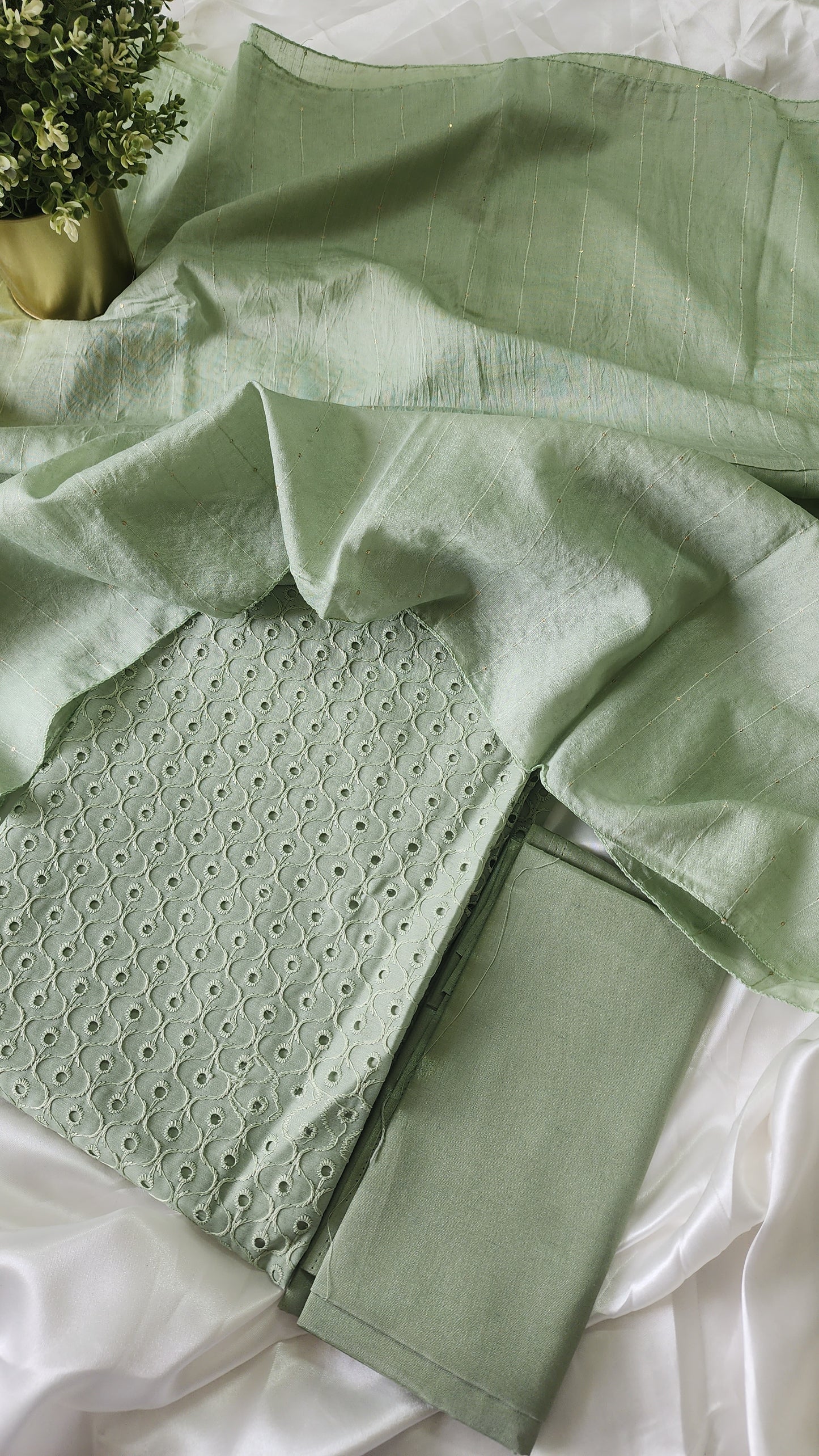 Semi raw silk hakoba material unstitched salwar set | Pastel green| H2