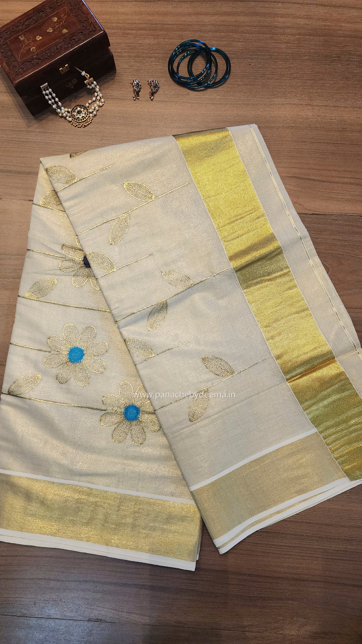 Golden tissue kerala saree with flower embroidery | Navy blue and seablue ON102