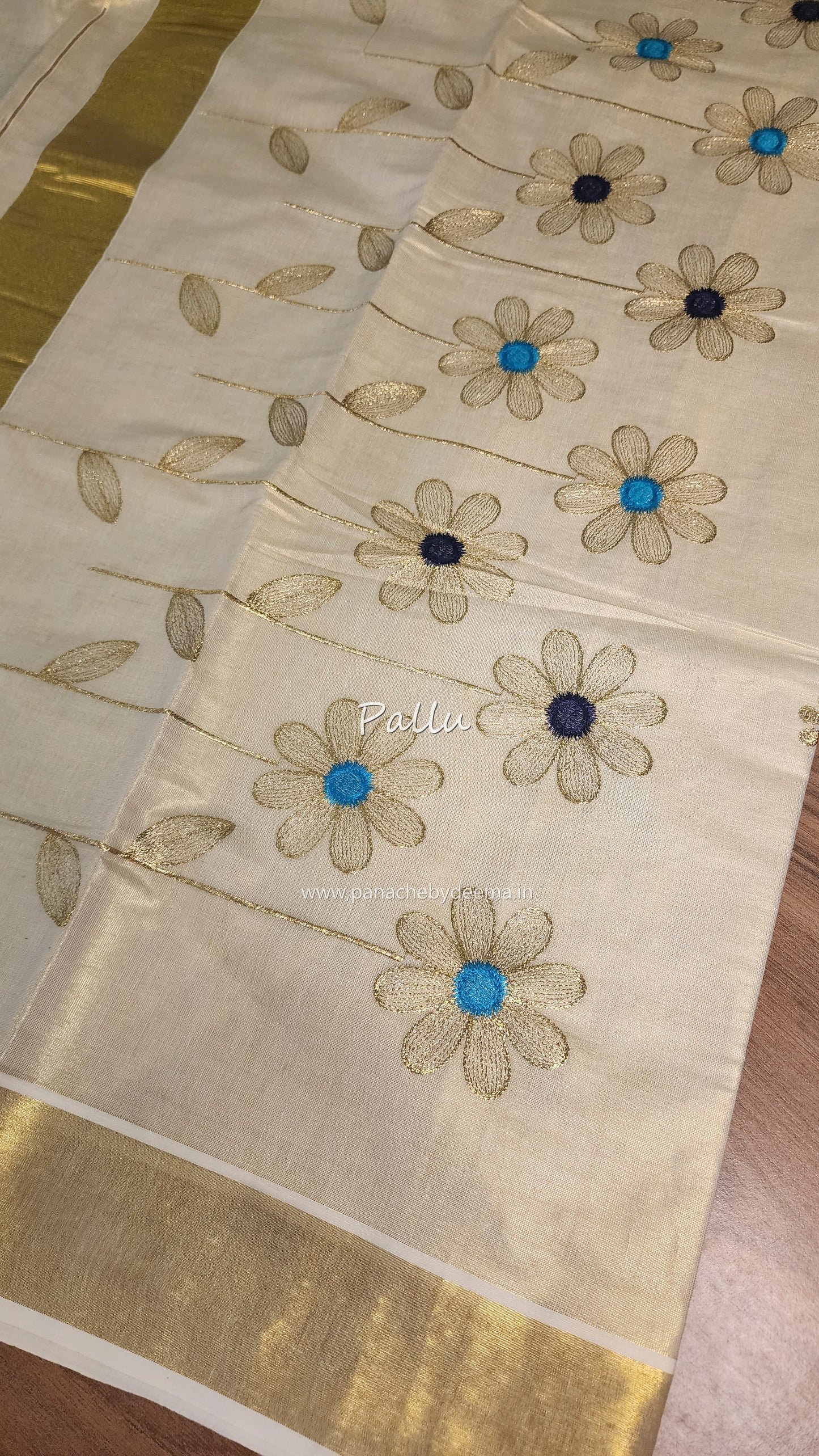 Golden tissue kerala saree with flower embroidery | Navy blue and seablue ON102