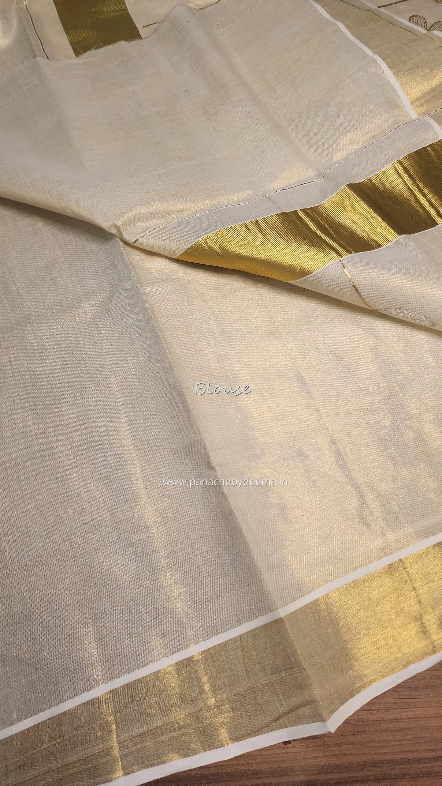 Golden tissue kerala saree with flower embroidery | Navy blue and seablue ON102