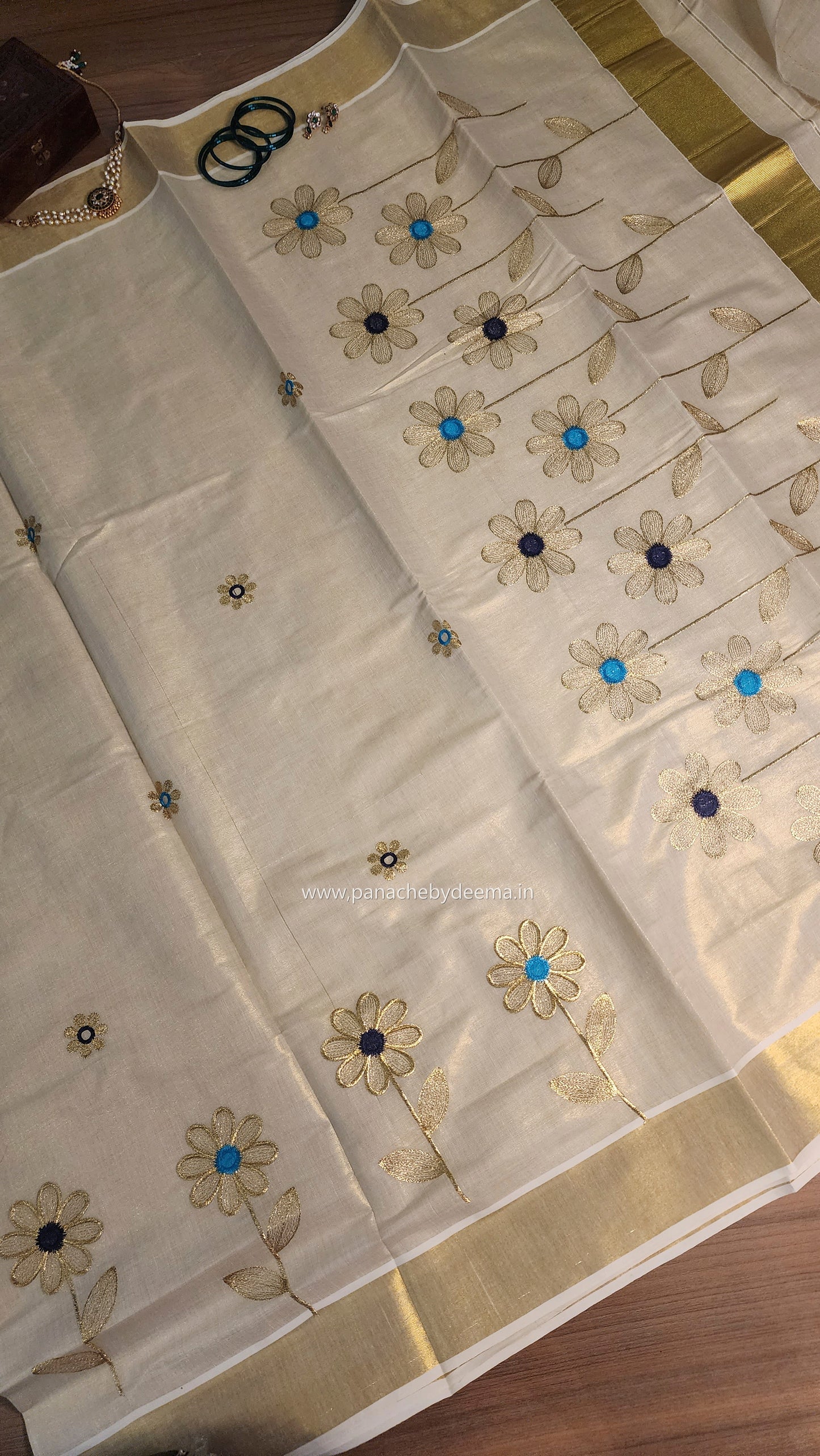 Golden tissue kerala saree with flower embroidery | Navy blue and seablue ON102