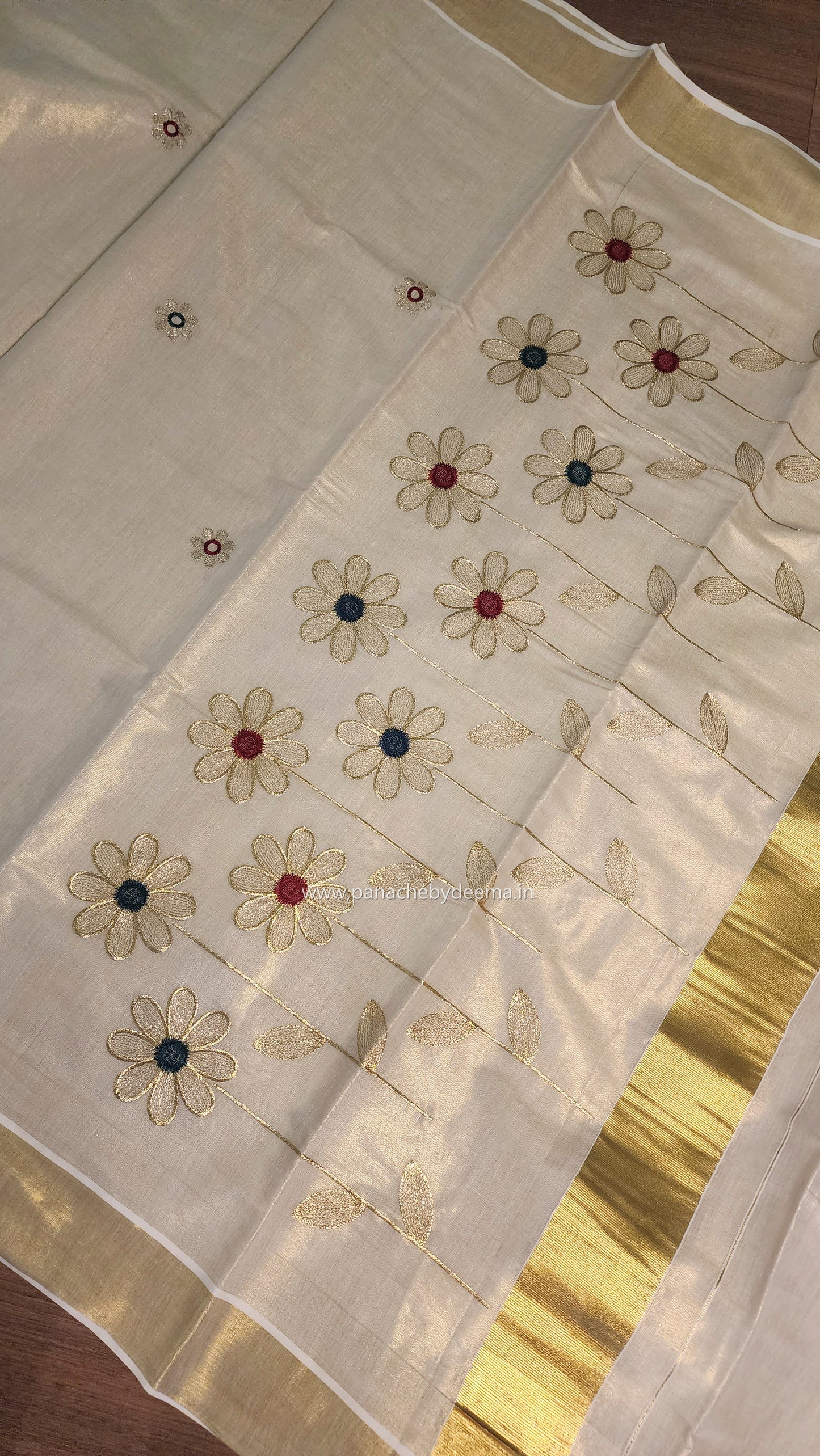 Golden tissue kerala saree with flower embroidery |Red and green ON103
