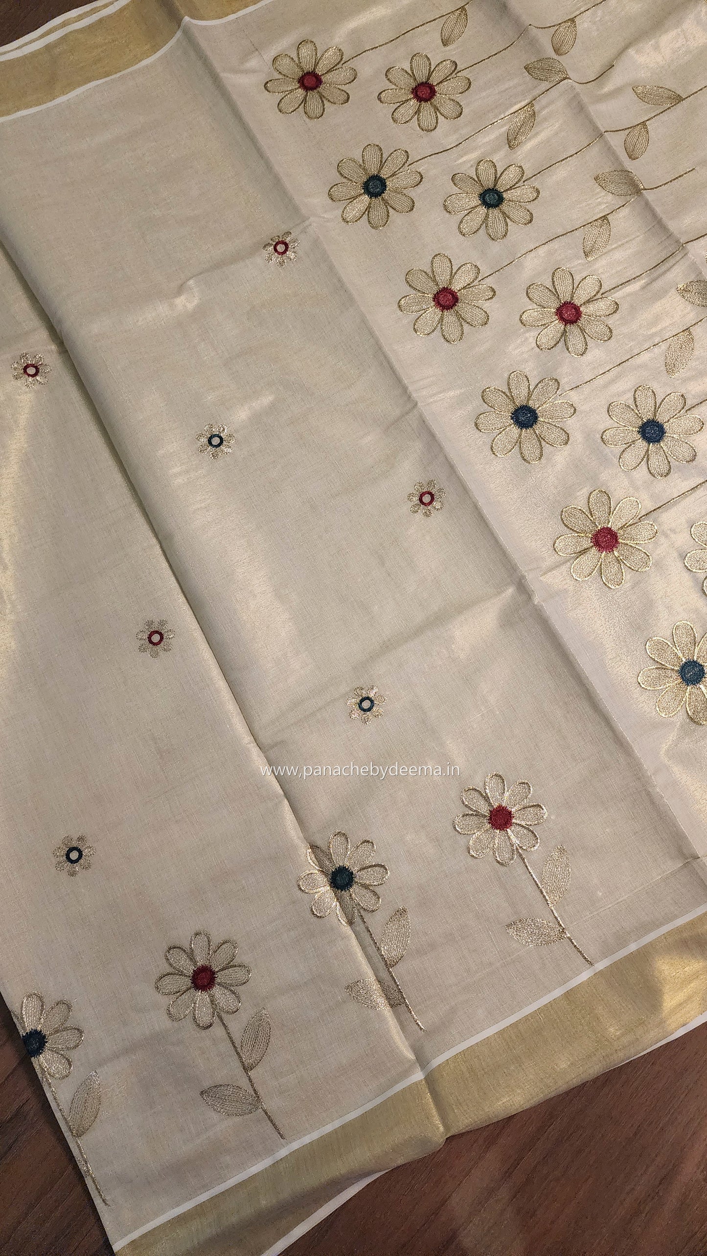 Golden tissue kerala saree with flower embroidery |Red and green ON103