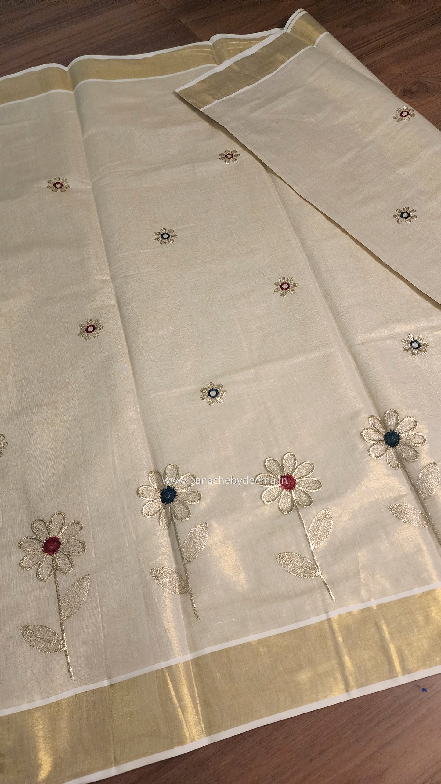 Golden tissue kerala saree with flower embroidery |Red and green ON103