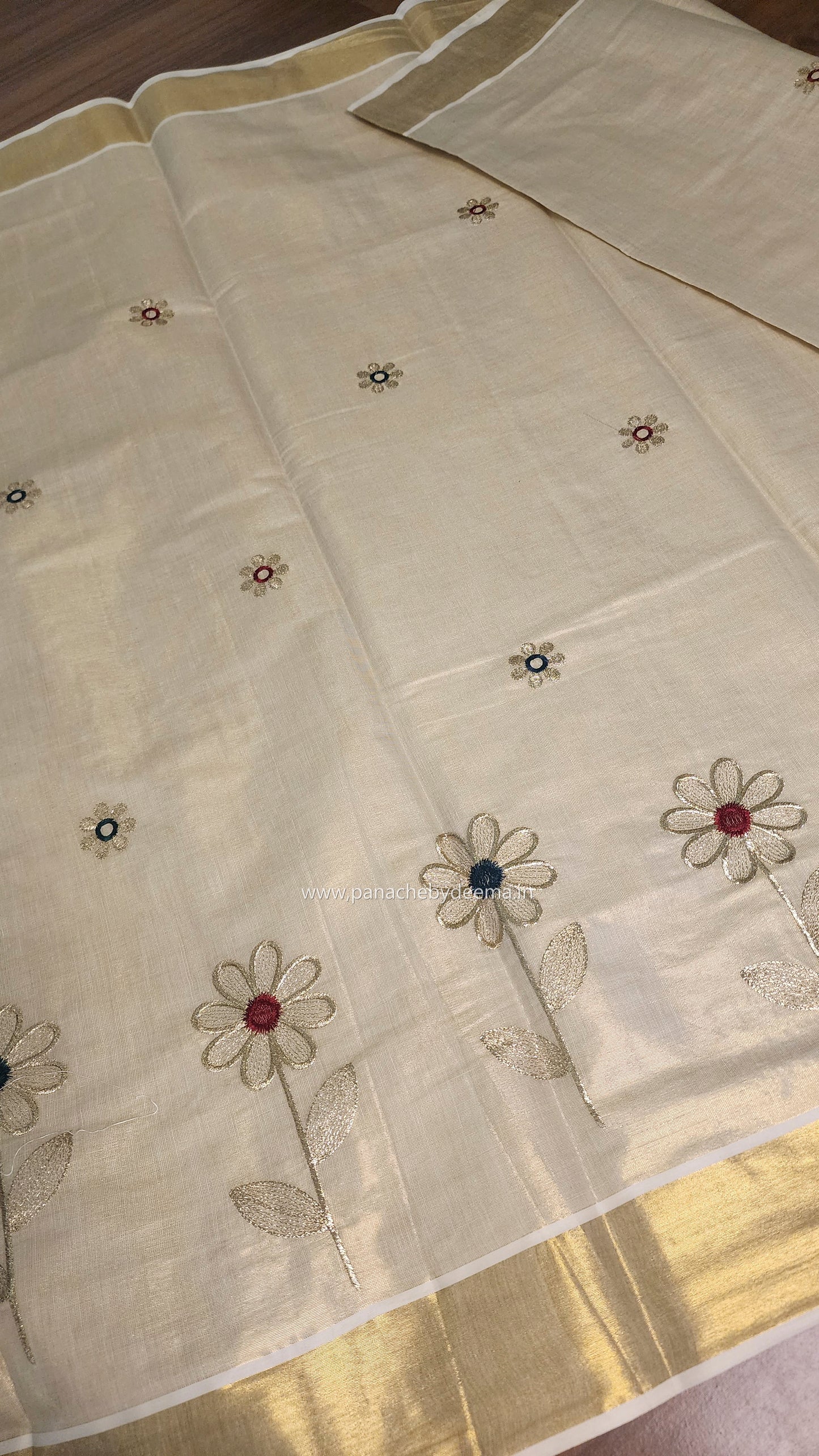 Golden tissue kerala saree with flower embroidery |Red and green ON103