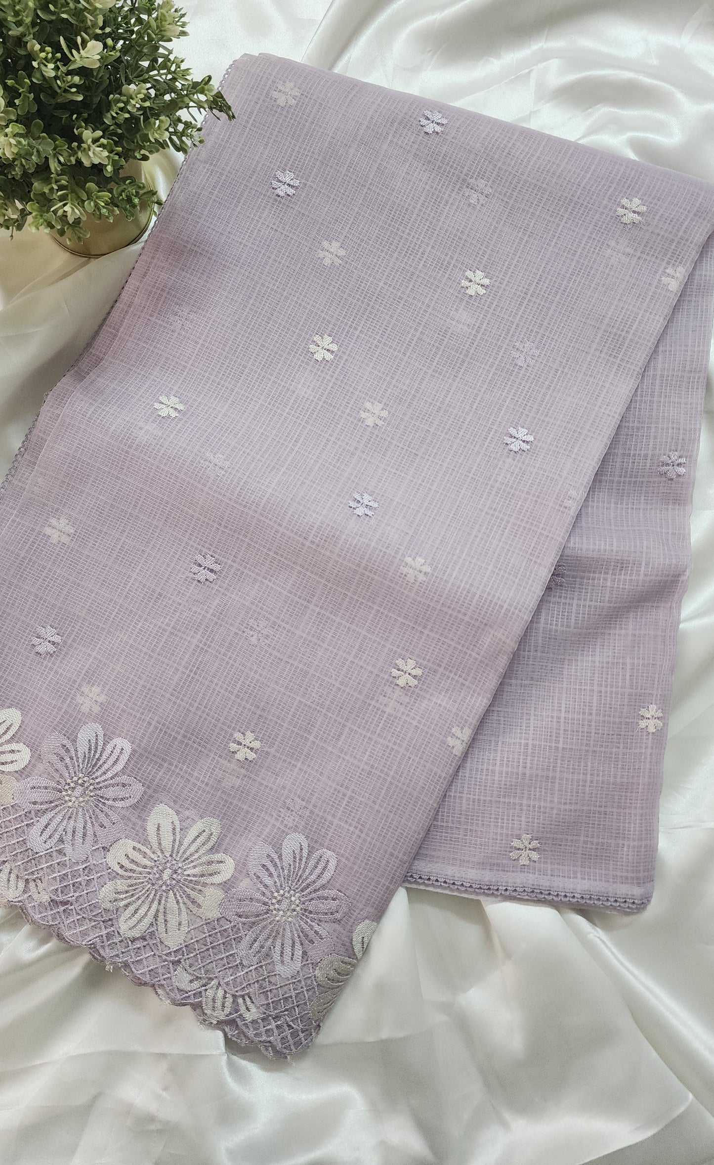 Kota saree with embroidery scalloped border and crochet lace edges| Light lavender |KT4