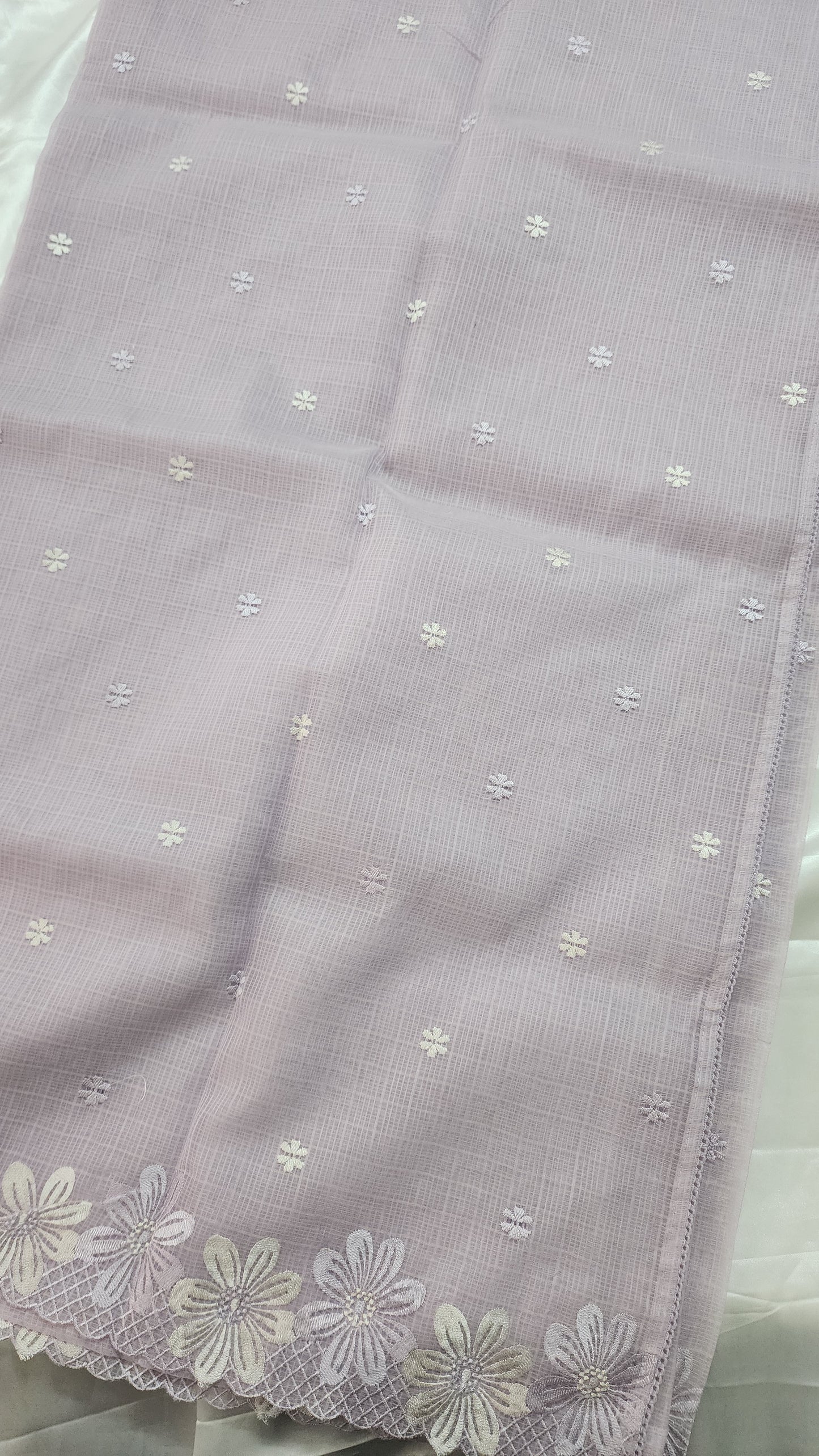 Kota saree with embroidery scalloped border and crochet lace edges| Light lavender |KT4