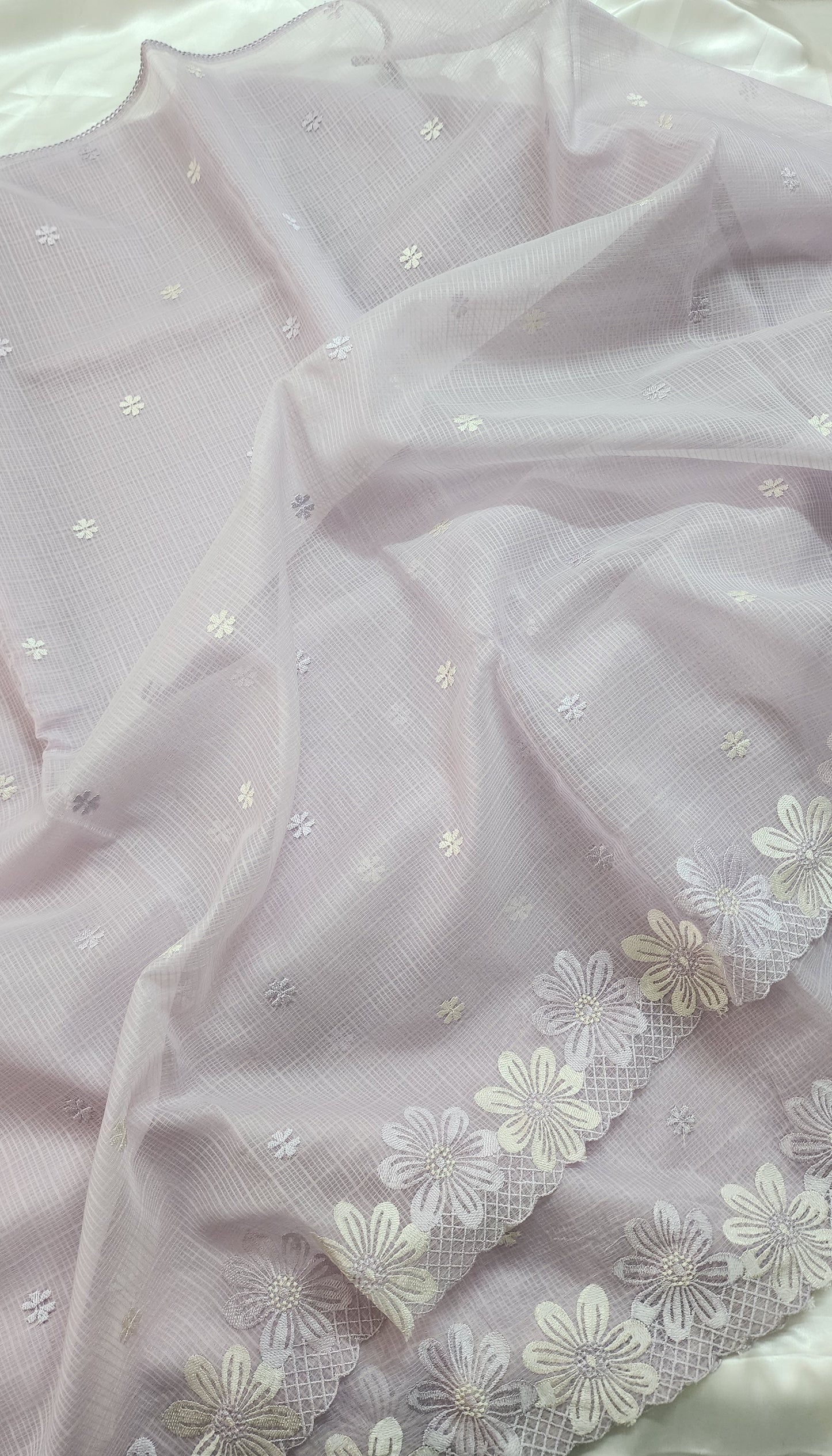 Kota saree with embroidery scalloped border and crochet lace edges| Light lavender |KT4