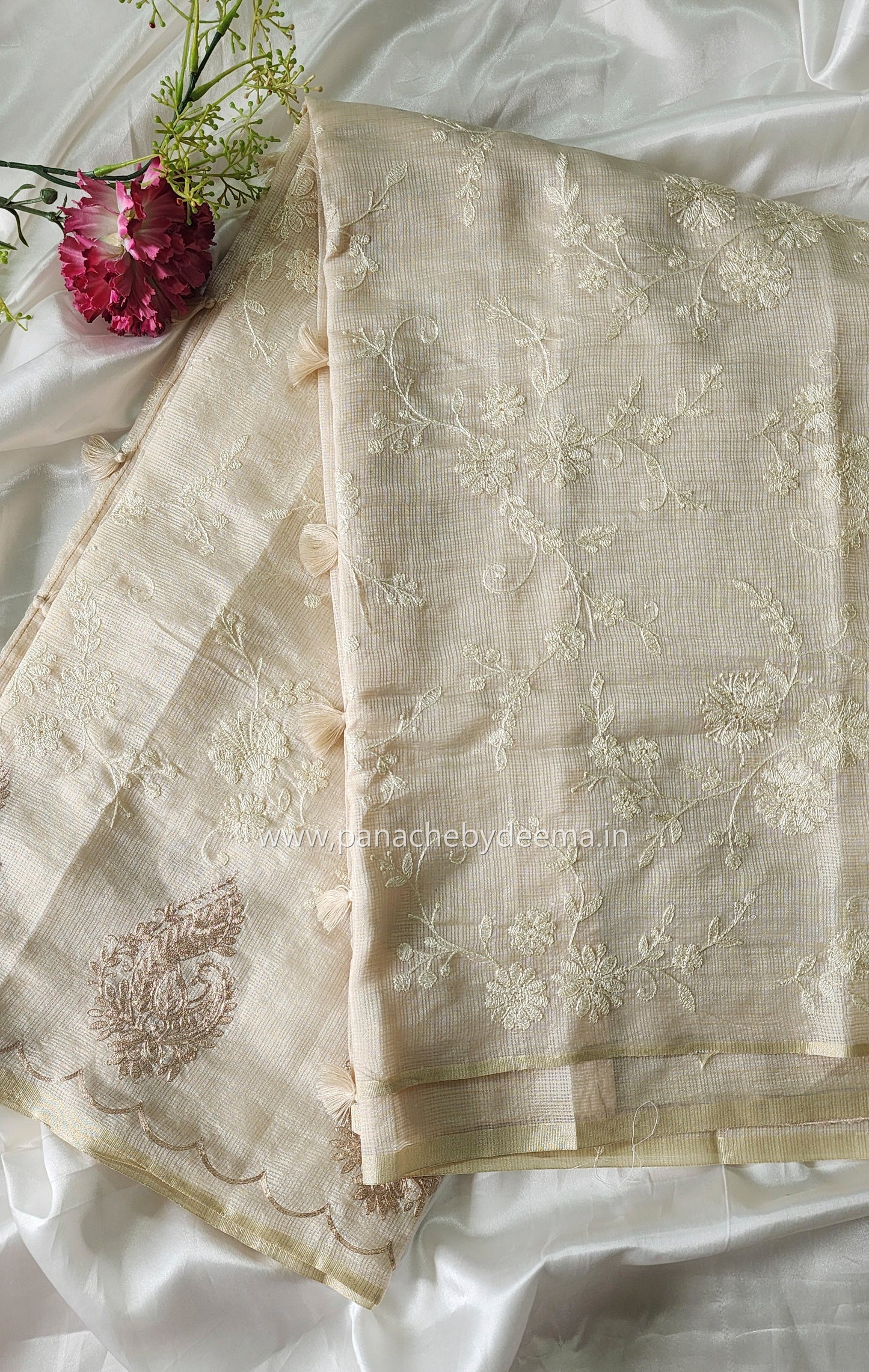 Silky kota saree with floral jaal embroidery | Offwhite | W1