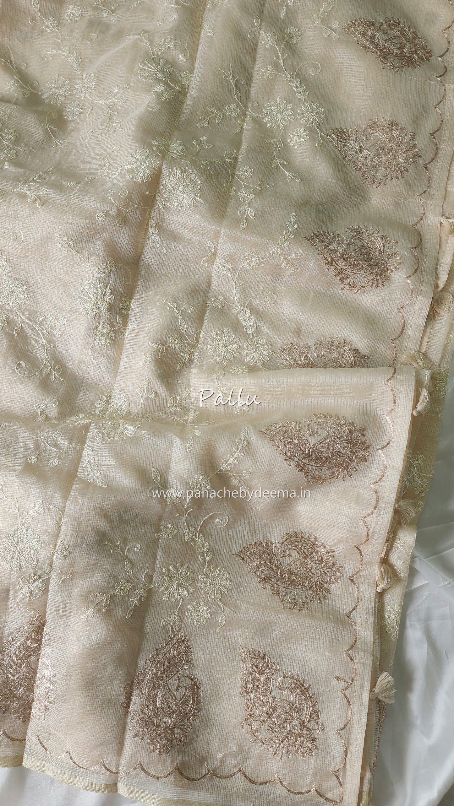 Silky kota saree with floral jaal embroidery | Offwhite | W1