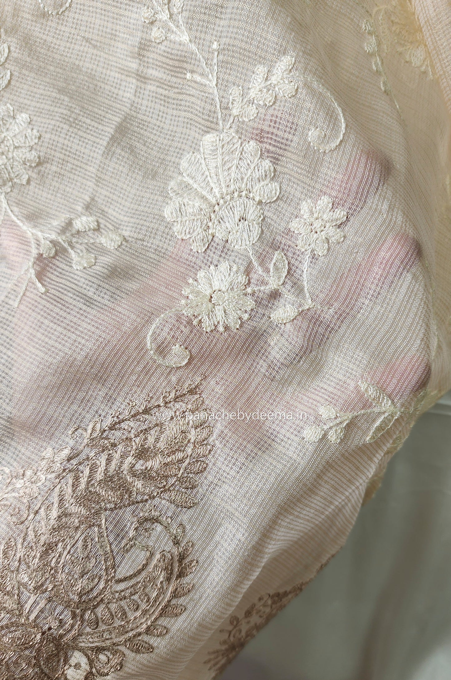 Silky kota saree with floral jaal embroidery | Offwhite | W1