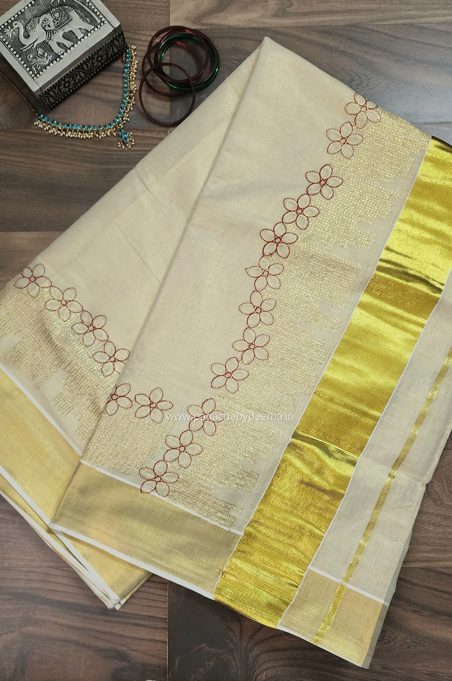 Golden tissue kerala saree with flower embroidery |ON104
