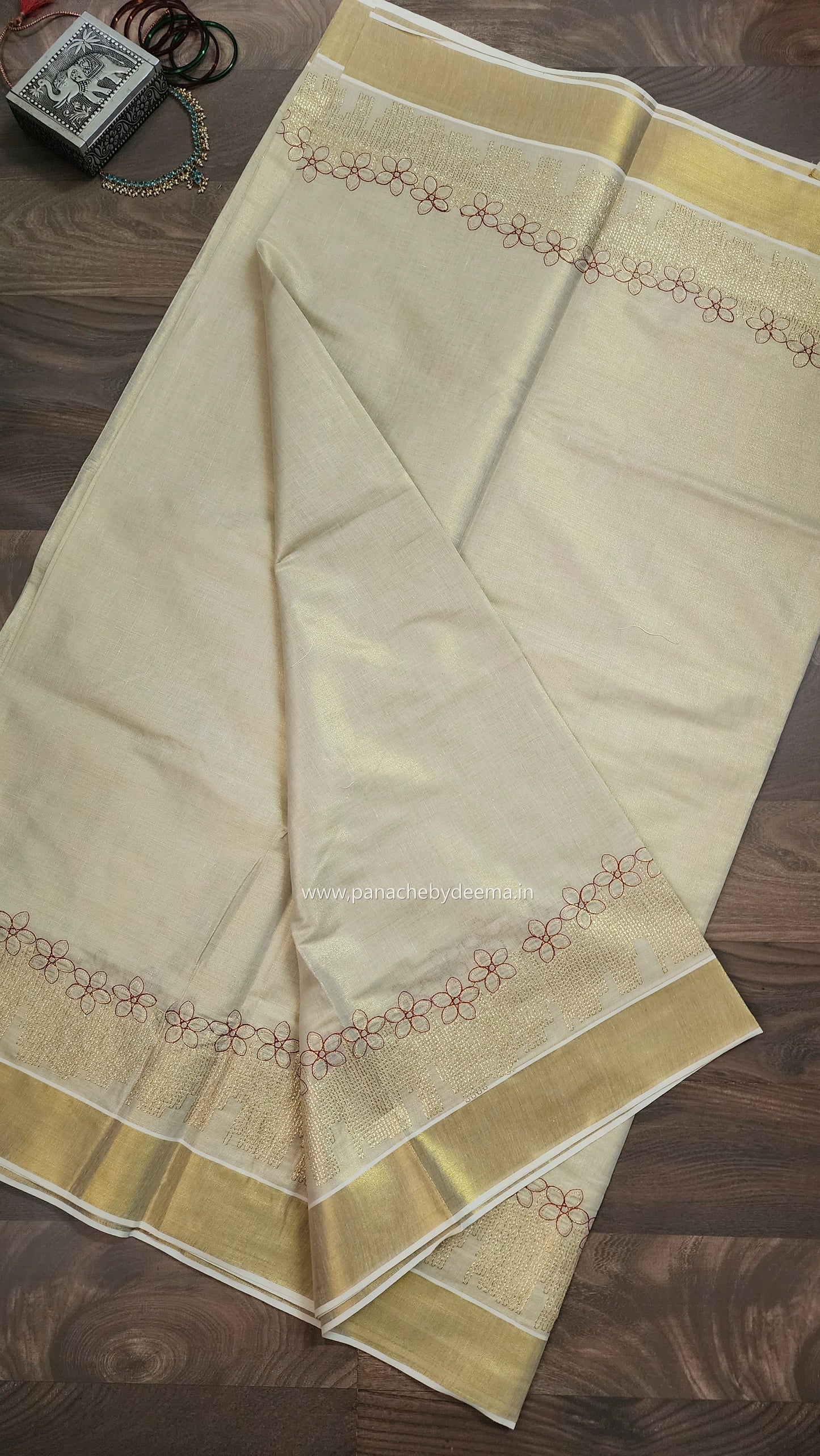 Golden tissue kerala saree with flower embroidery |ON104