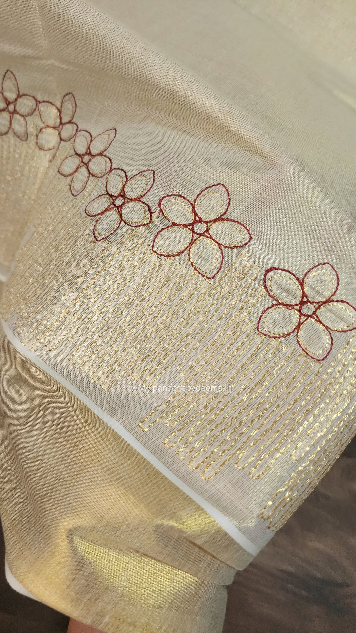 Golden tissue kerala saree with flower embroidery |ON104