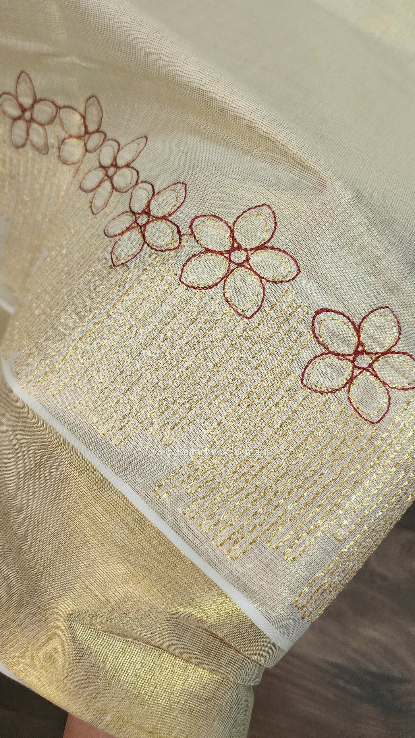 Golden tissue kerala saree with flower embroidery |ON104