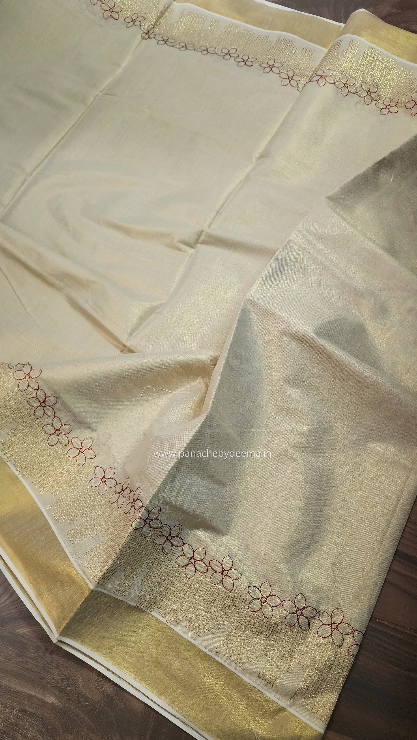 Golden tissue kerala saree with flower embroidery |ON104