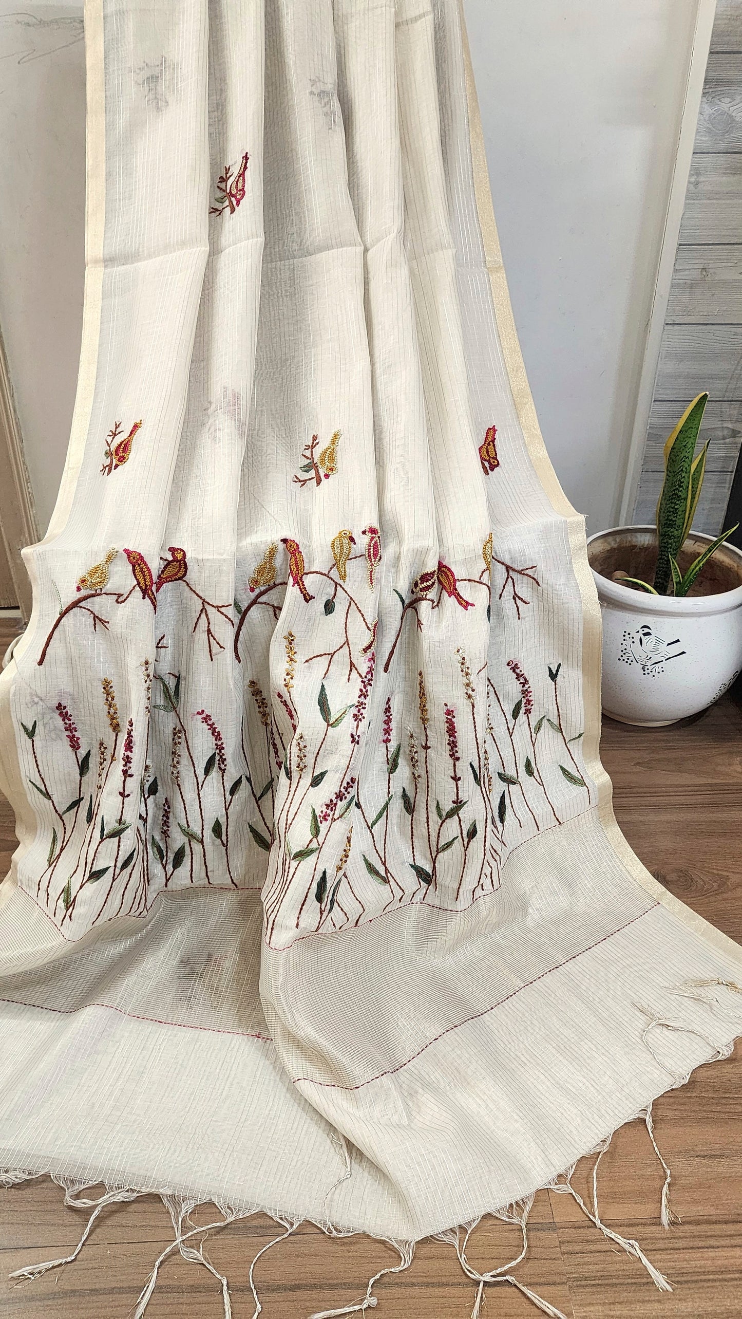 Soft tissue silk saree with hand embroidery | Off- white | LTS
