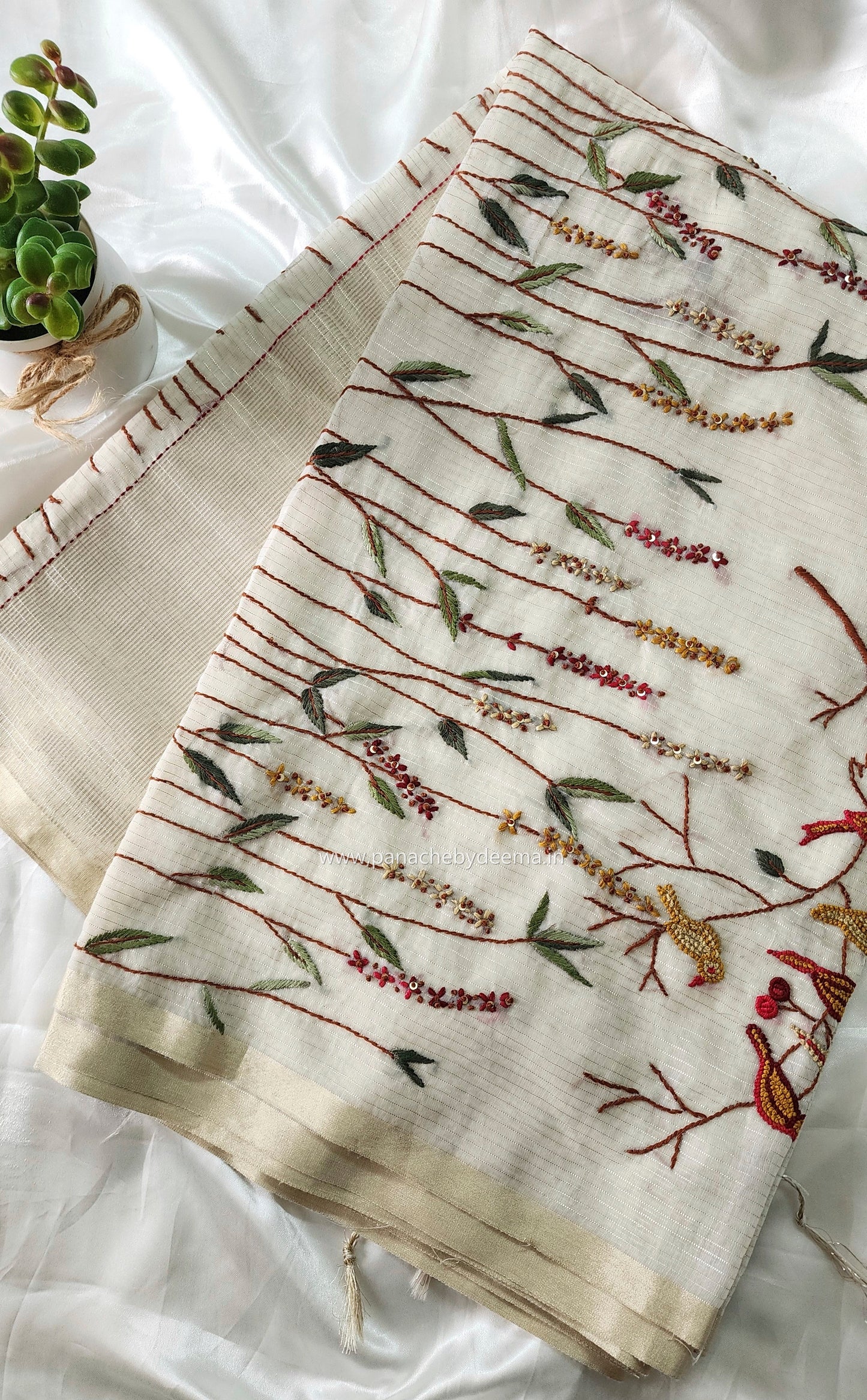 Soft tissue silk saree with hand embroidery | Off- white | LTS