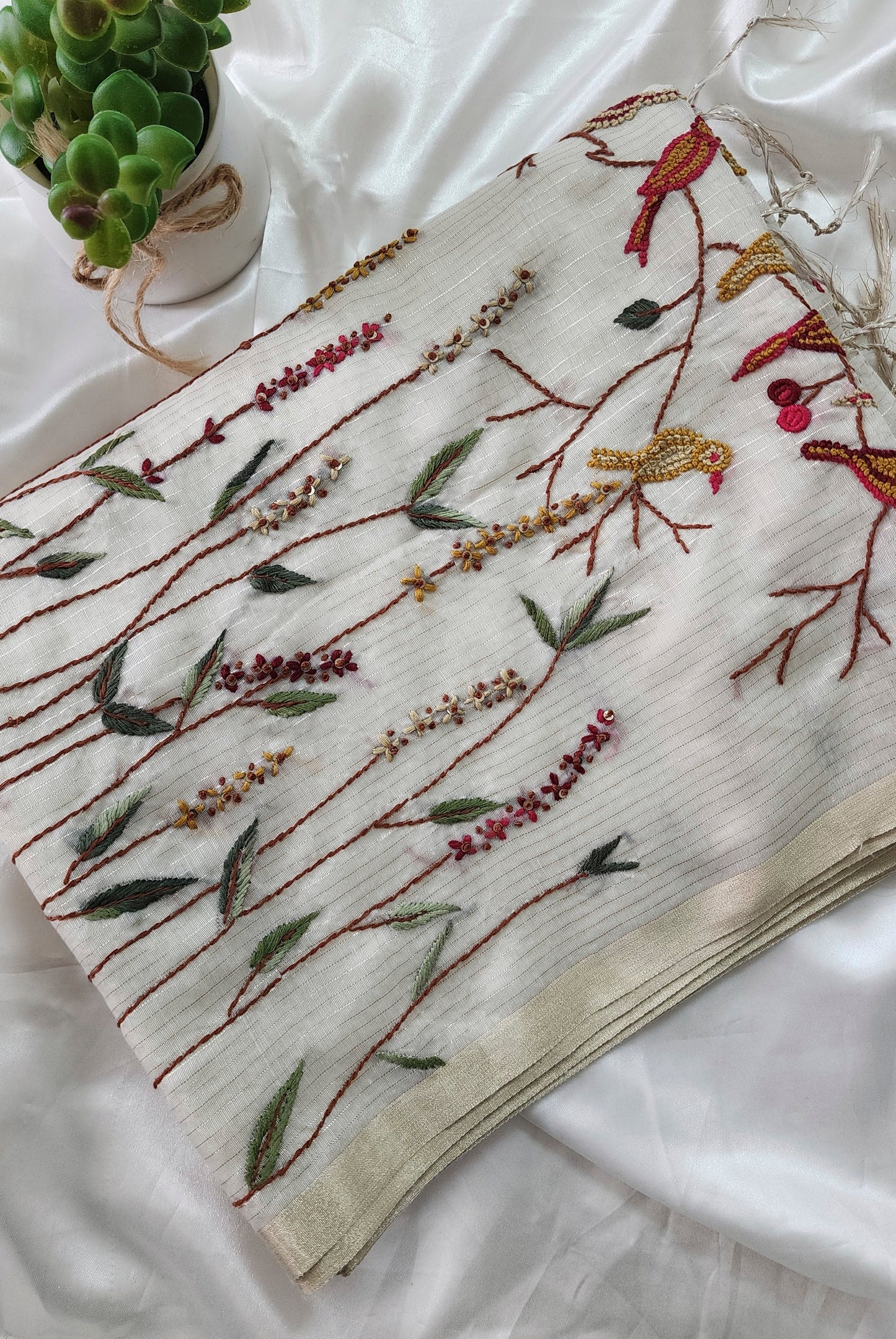 Soft tissue silk saree with hand embroidery | Off- white | LTS