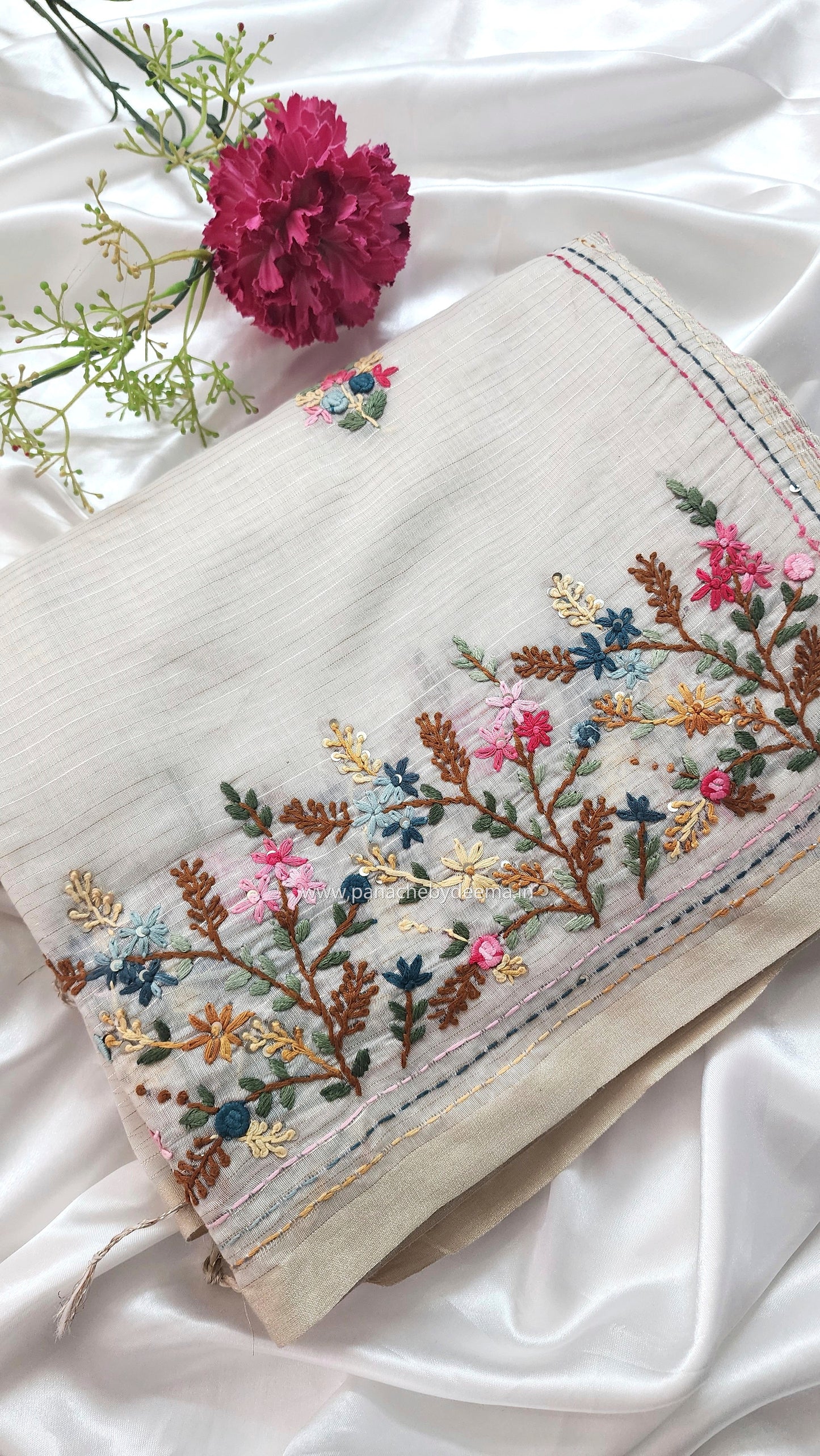 Soft linen tissue silk saree with hand embroidery | Off- white | LTS1