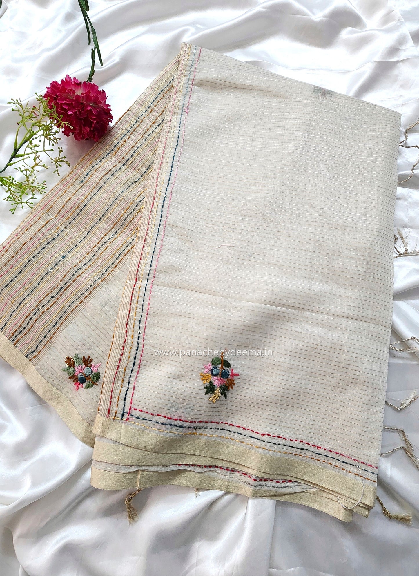 Soft linen tissue silk saree with hand embroidery | Off- white | LTS1
