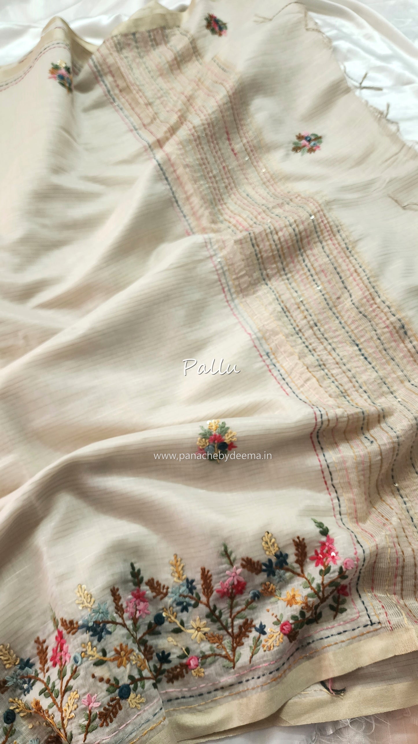 Soft linen tissue silk saree with hand embroidery | Off- white | LTS1