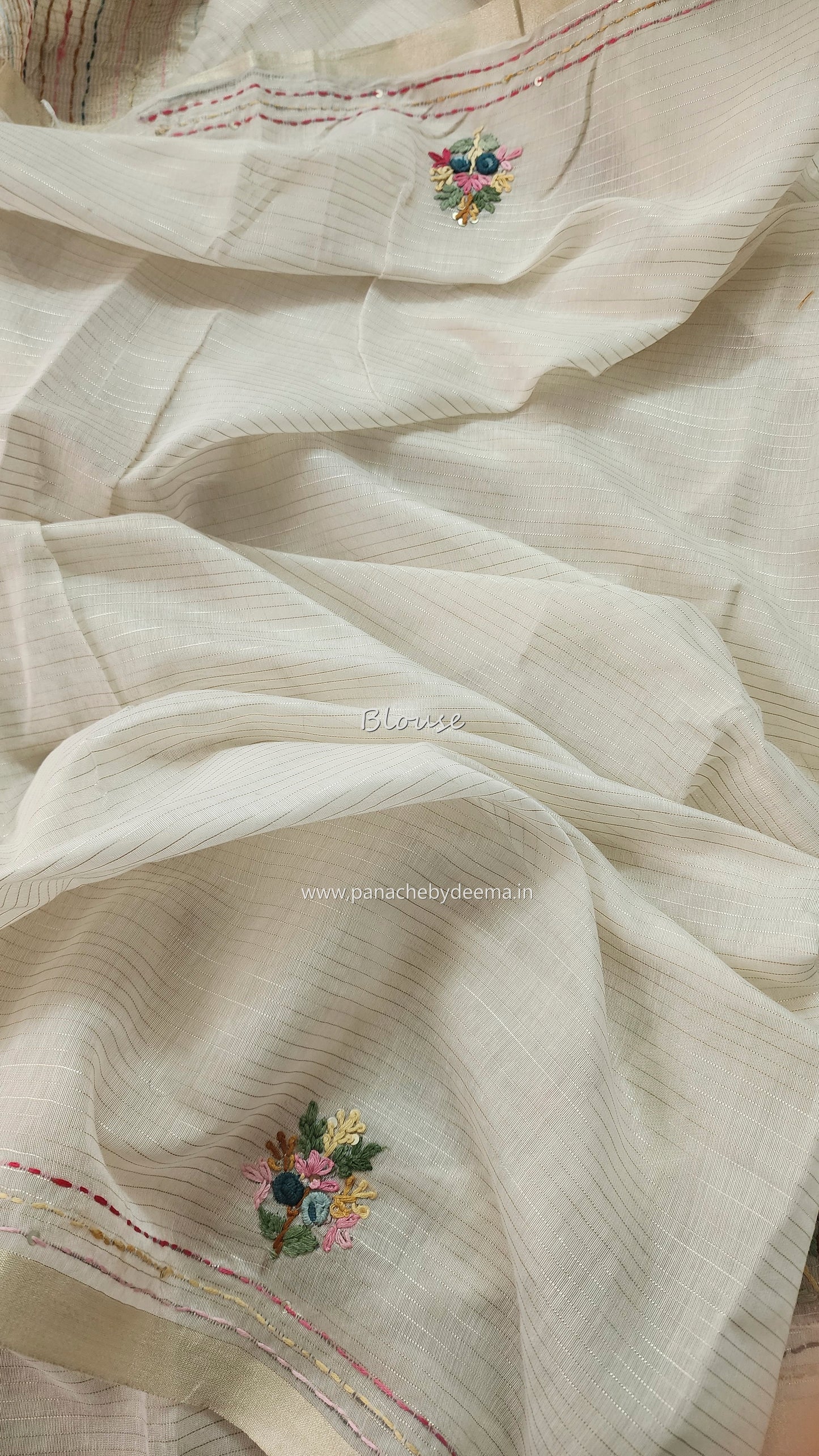 Soft linen tissue silk saree with hand embroidery | Off- white | LTS1