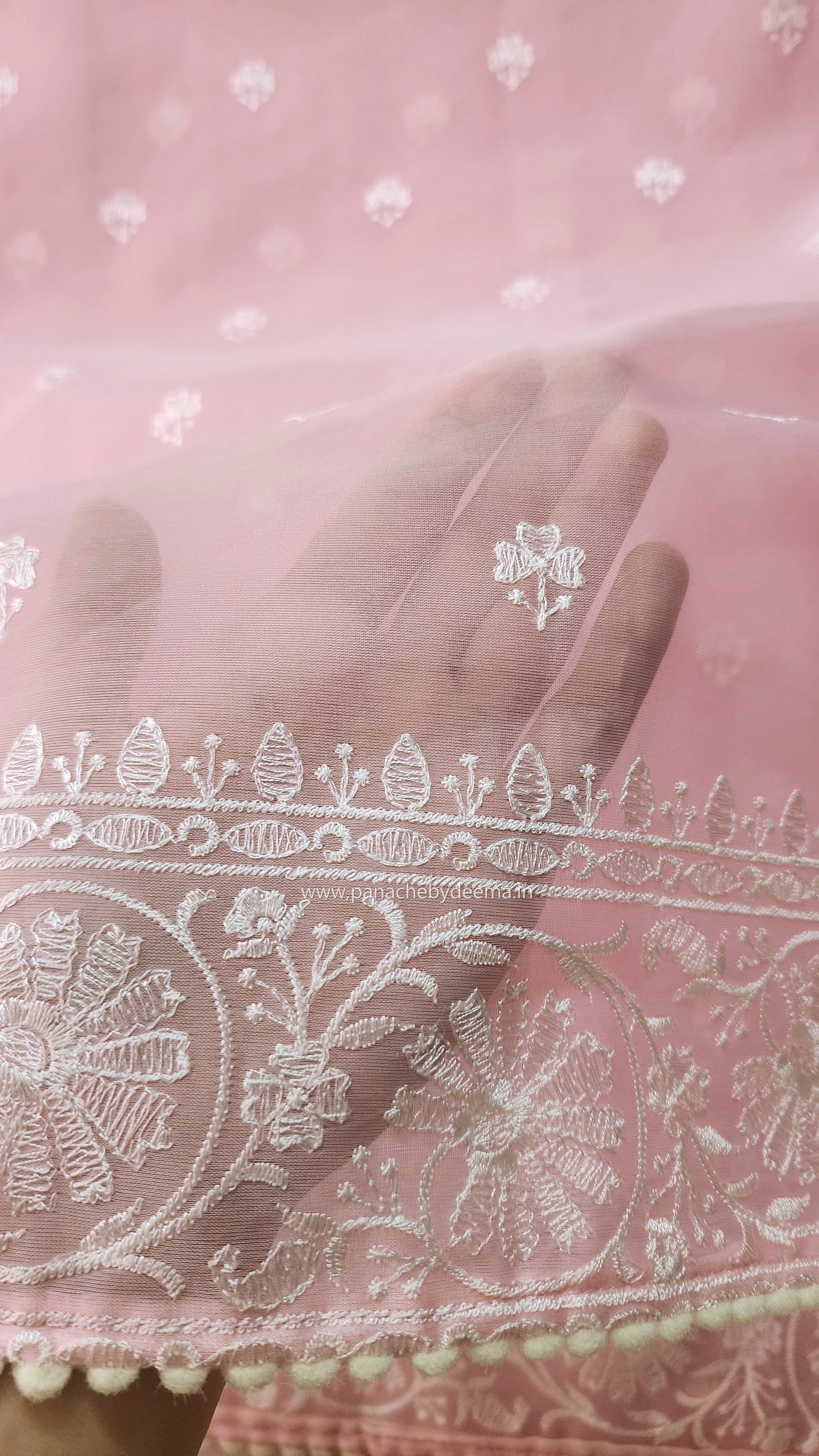 Organza saree with embroidery and lace edges | Baby pink | JH01