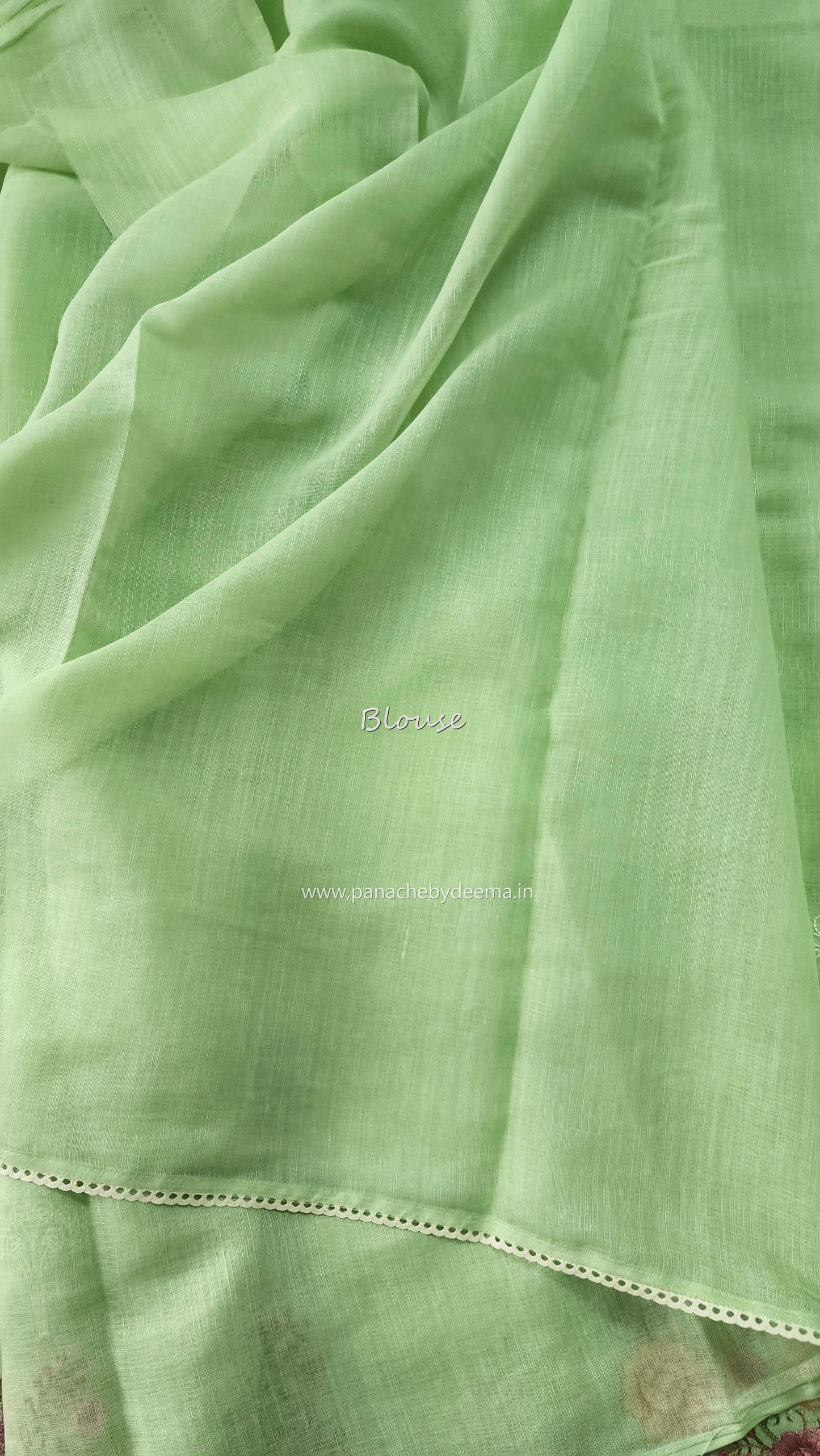 Linen saree with embroidery and lace edges | Green | LK6