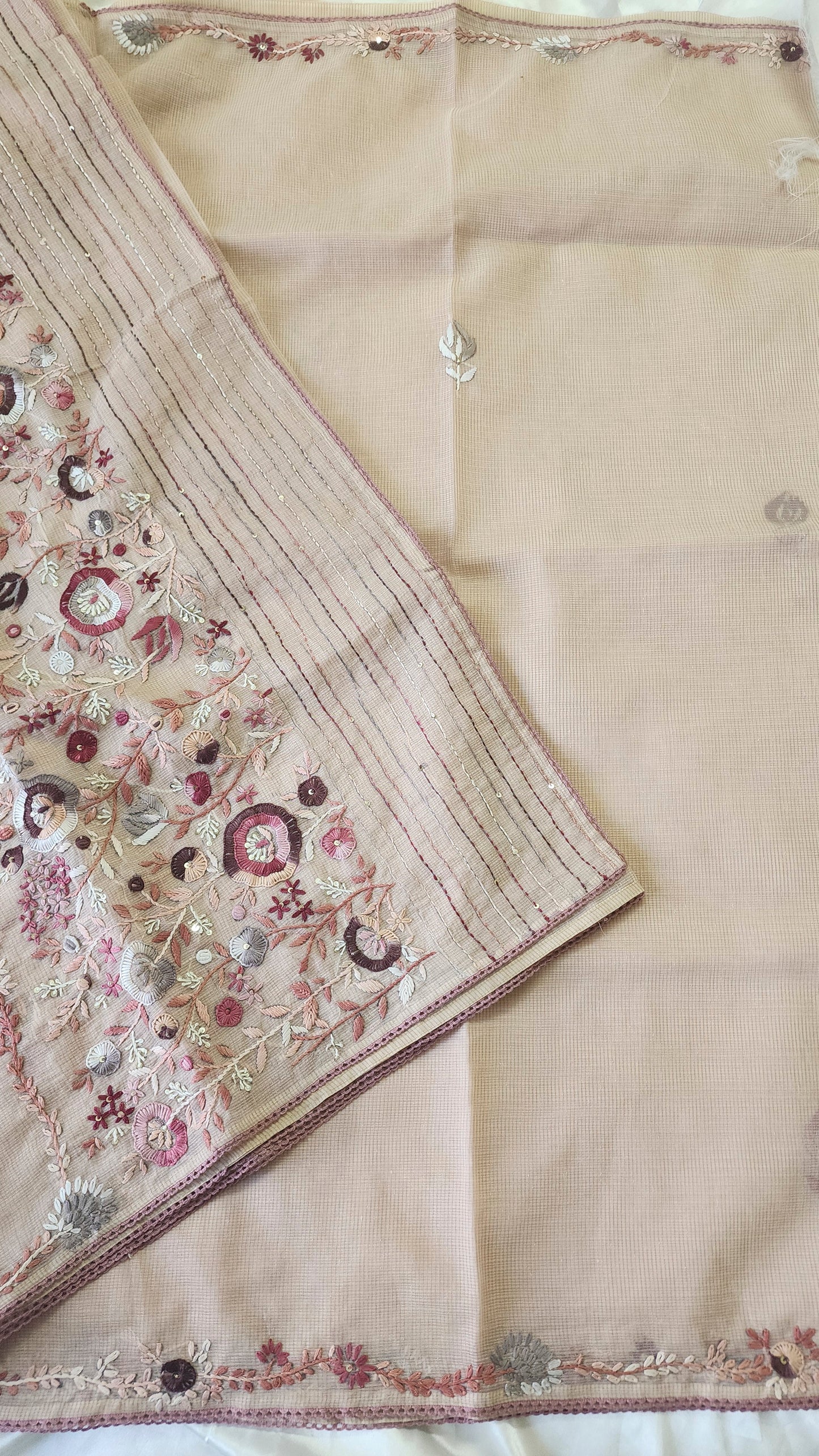 Linen kota saree with hand embroidery and lace edges | Mauve pink | LK2