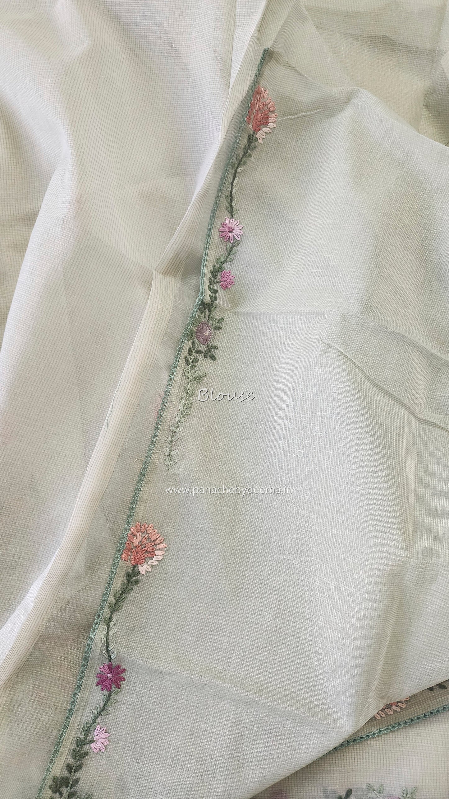 Linen kota saree with hand embroidery and lace edges | Green | LK4
