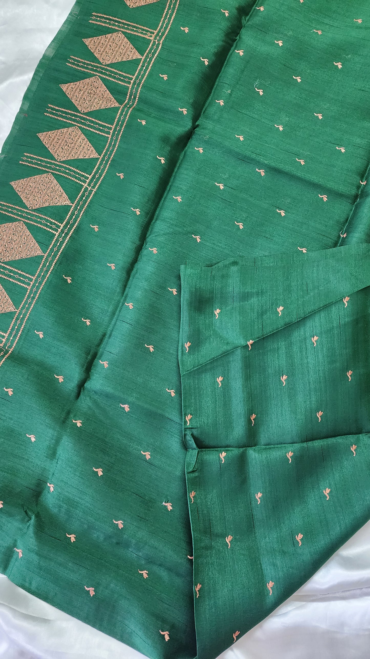 Look festive ready in this premium semi raw silk designer saree with beautiful copper zari embroidery | Bottle Green | P17