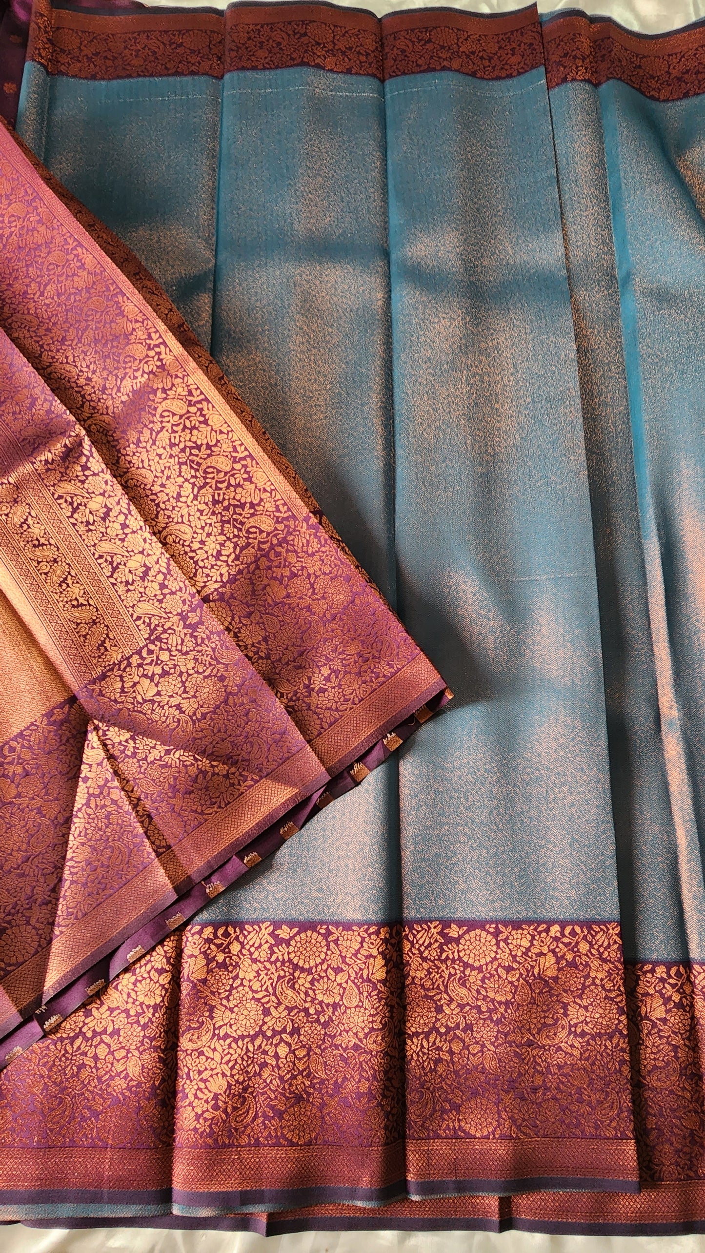 Copper zari woven semi kancheevaram saree with contrast border and blouse | Peacock blue with purple border | SS124
