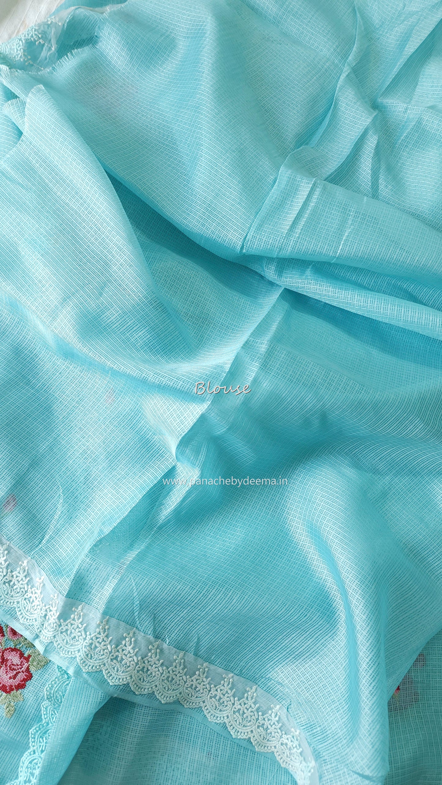 Silky Kota saree with cross stitch embroidery and lace detailed borders|Ice blue|SL3