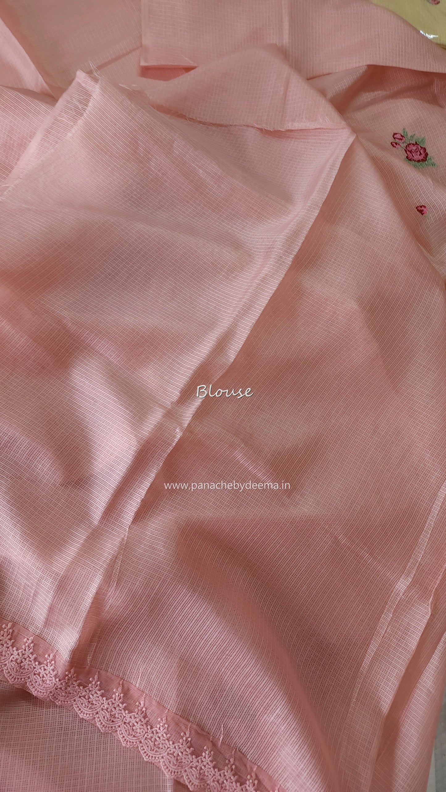 Silky Kota saree with cross stitch embroidery and lace detailed borders|Peach |SL1