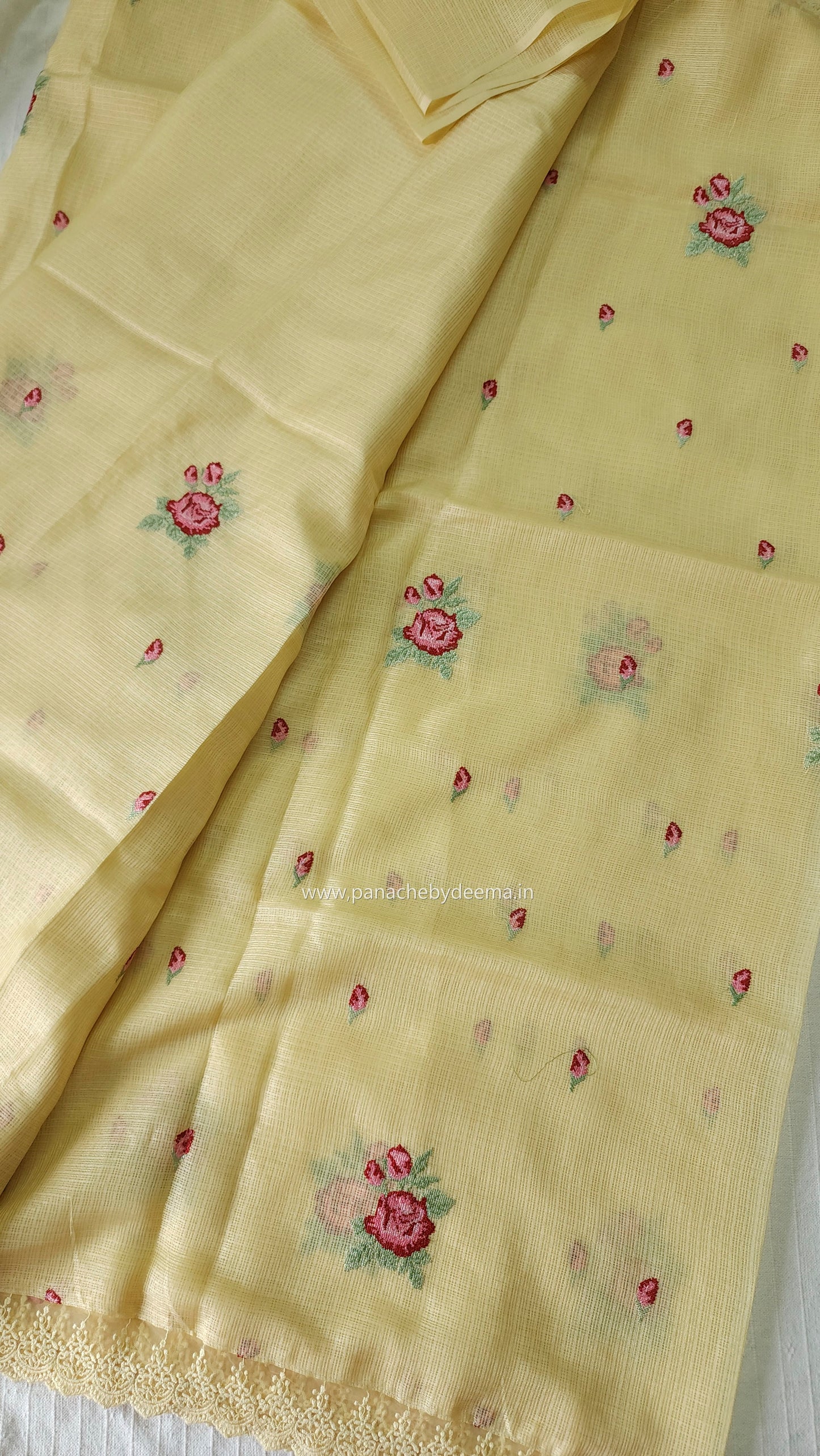 Siky Kota saree with cross stitch embroidery and lace detailed borders|Yellow |SL5