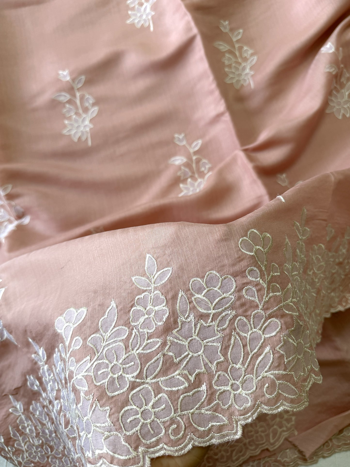 Semi tussar applique cut work saree with scalloped borders | Peach | SOT2