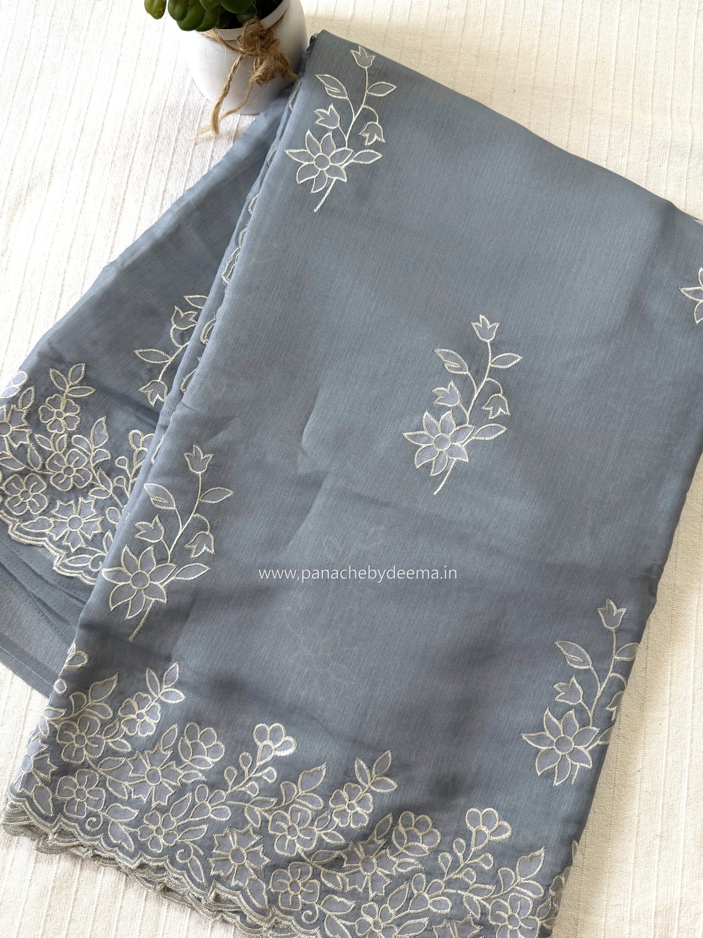 Semi tussar applique cut work saree with scalloped borders | Slate blue| SOT1
