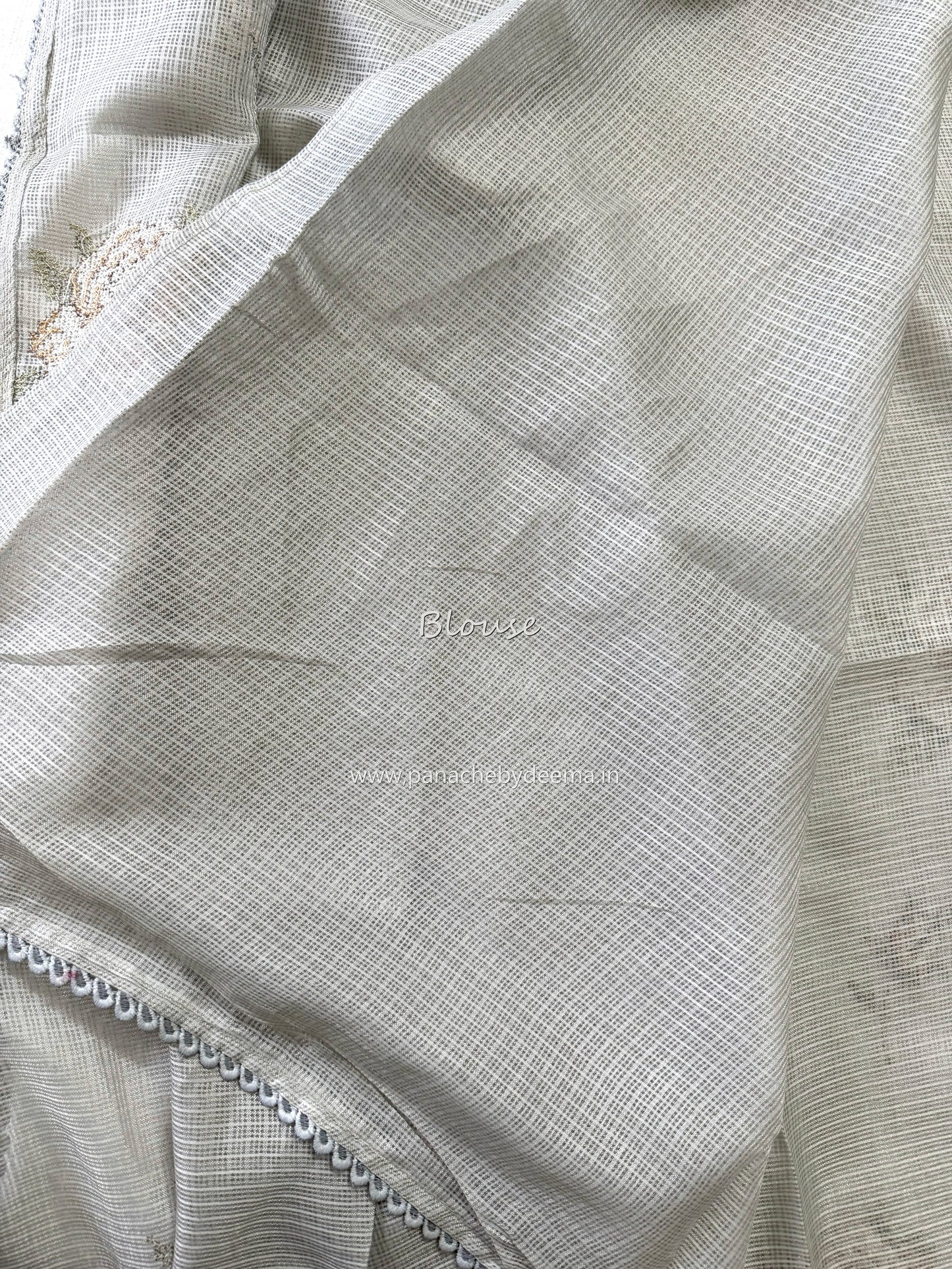 Silky Kota saree with cross stitch embroidery and lace detailed borders|Grey|SL9