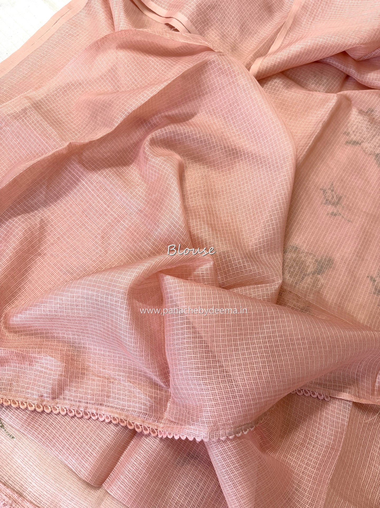 Silky Kota saree with cross stitch embroidery and lace detailed borders|Peach |SL6