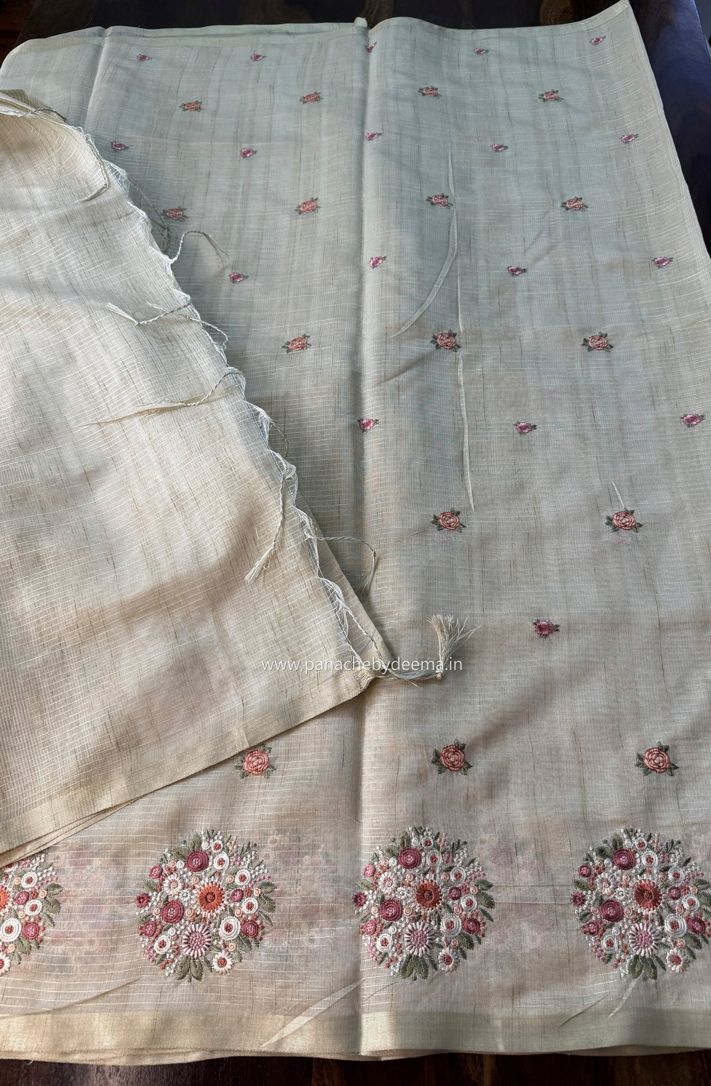 Chapa tussar saree with beautiful embroidery and subtle golden borders| Light Chikku shade| KO2