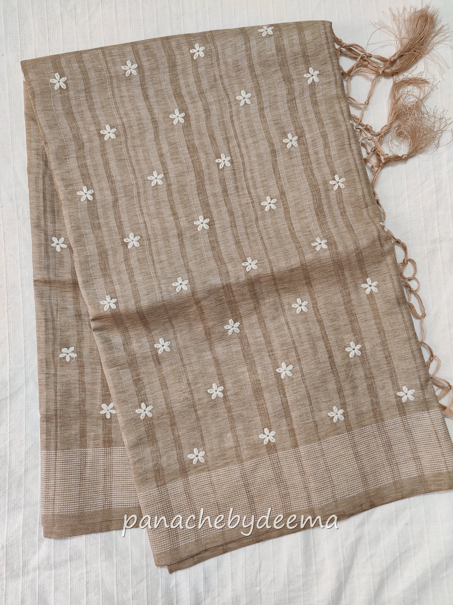 Beautiful semi dupion saree with thread embroidery | Light brown | FL105