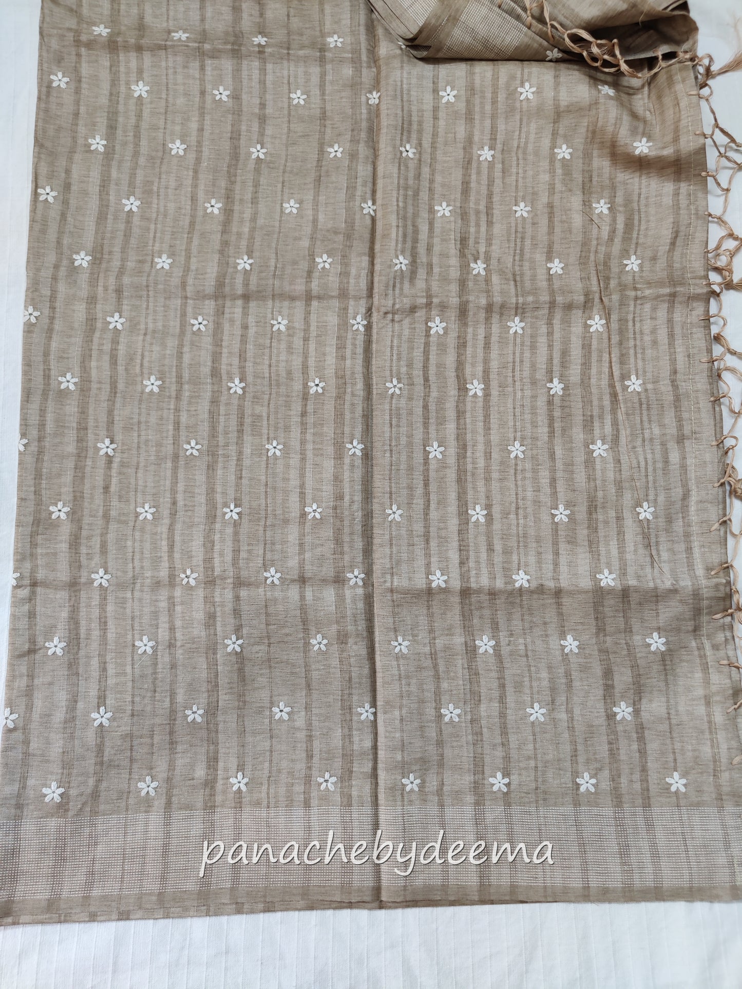 Beautiful semi dupion saree with thread embroidery | Light brown | FL105