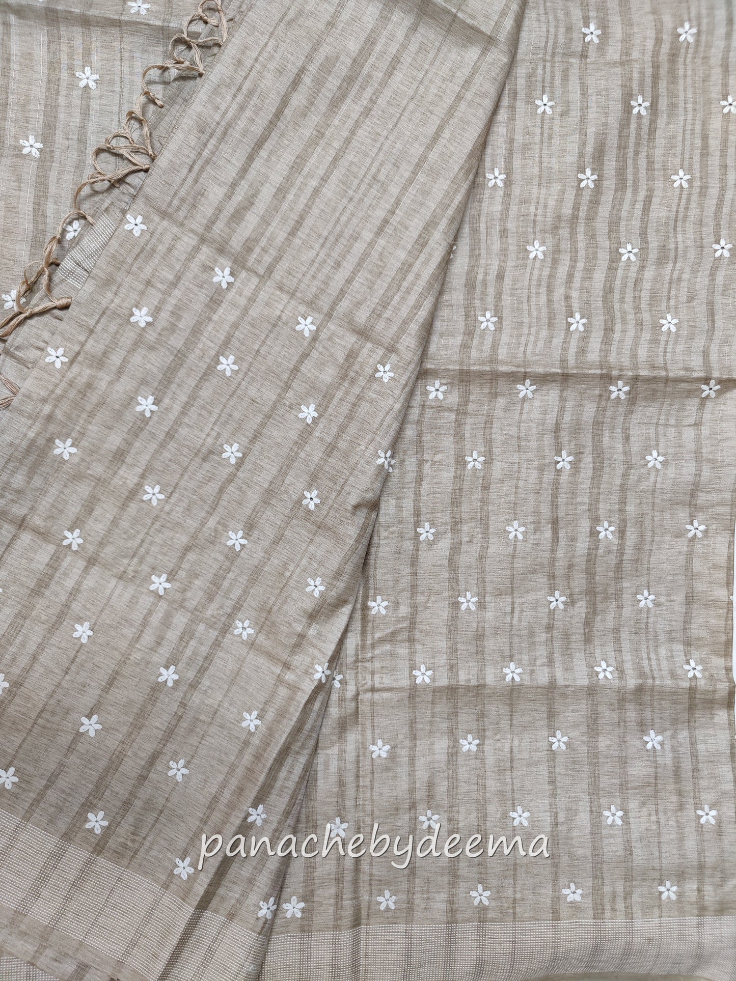 Beautiful semi dupion saree with thread embroidery | Light brown | FL105