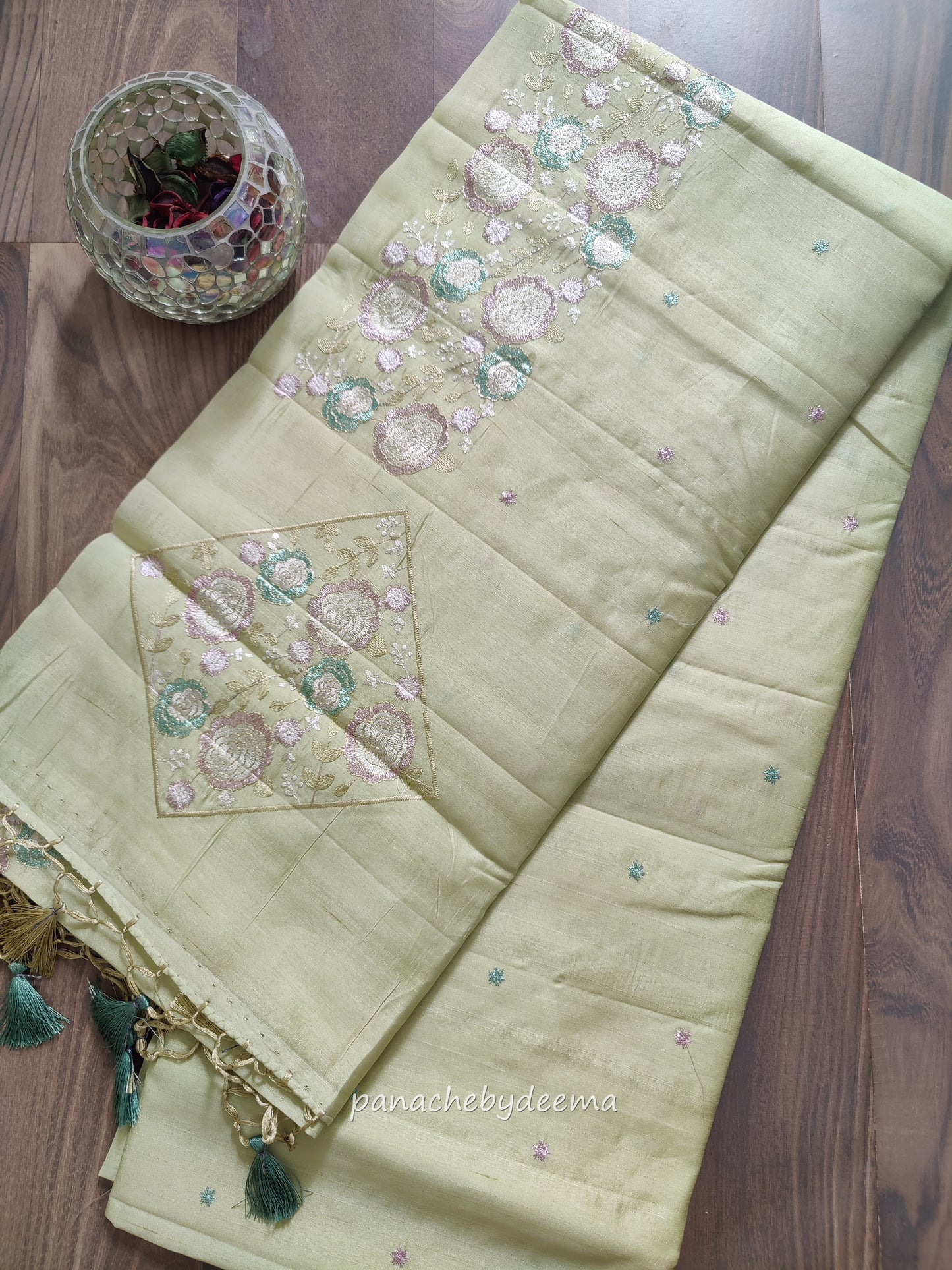 Pastel series - Look festive ready in this premium semi raw silk designer saree with beautiful embroidery | Light green | P2