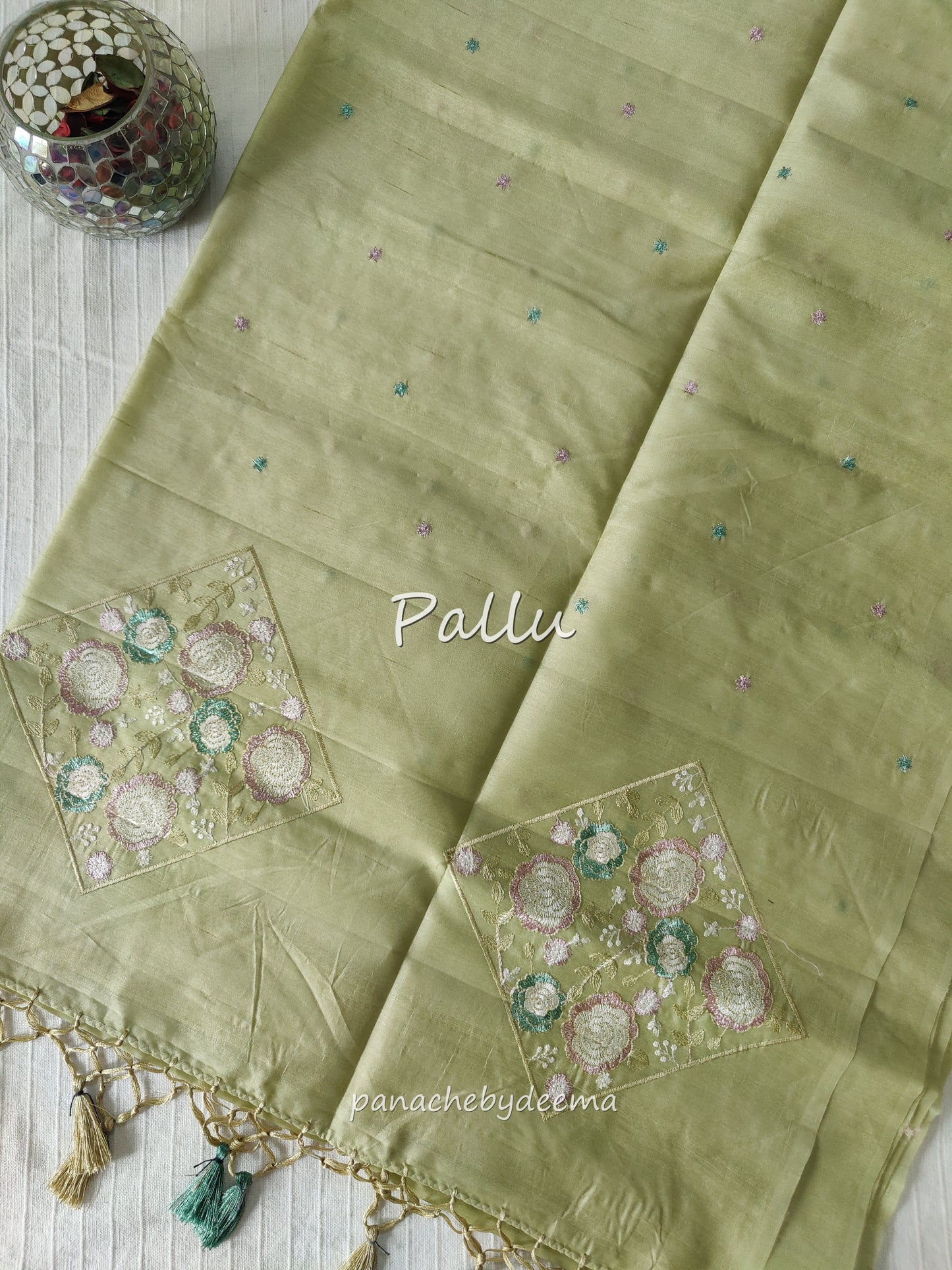 Pastel series - Look festive ready in this premium semi raw silk designer saree with beautiful embroidery | Light green | P2