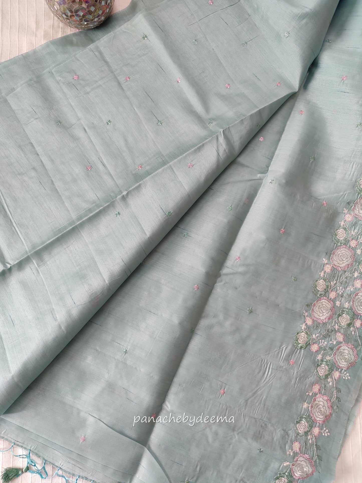 Pastel series - Look festive ready in this premium semi raw silk designer saree with beautiful embroidery | Pastel blue | P3