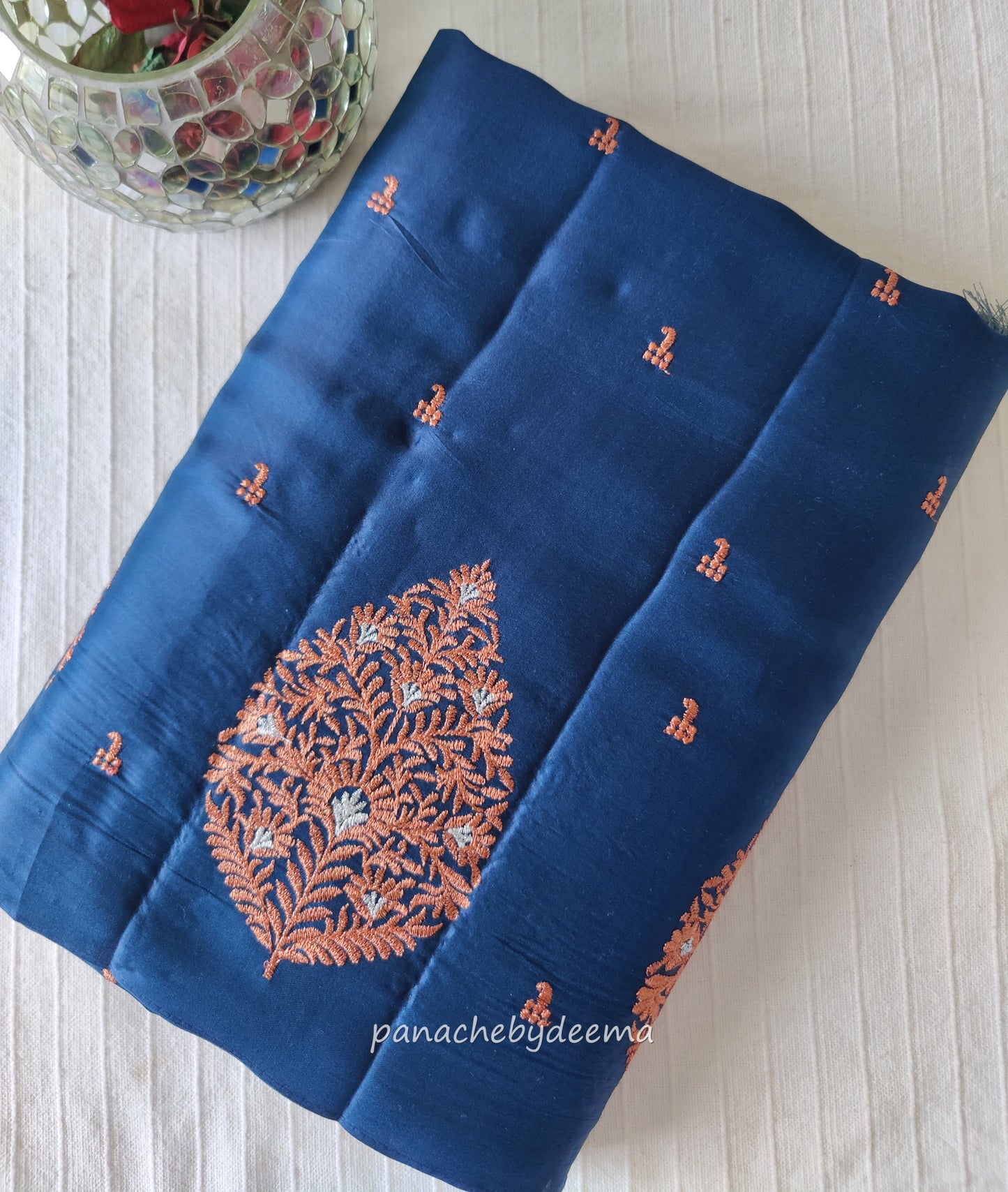 Beautiful Semi soft silk saree with copper zari embroidery | Teal blue | MS107