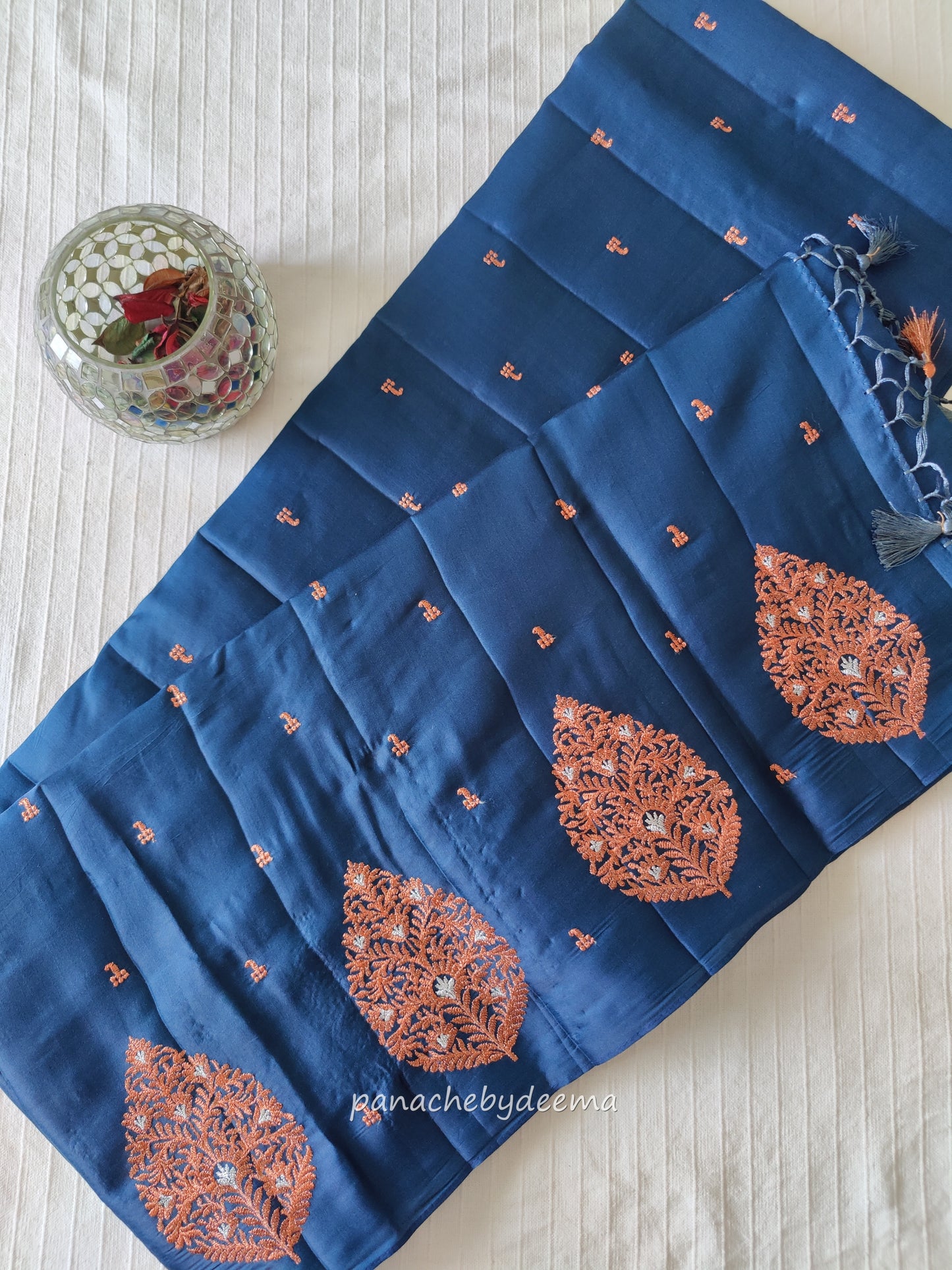 Beautiful Semi soft silk saree with copper zari embroidery | Teal blue | MS107